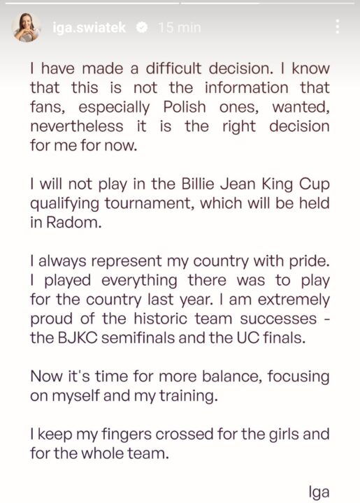 Billie Jean King Cup, Swiatek rinuncia: “È tempo di concentrarmi su me stessa”