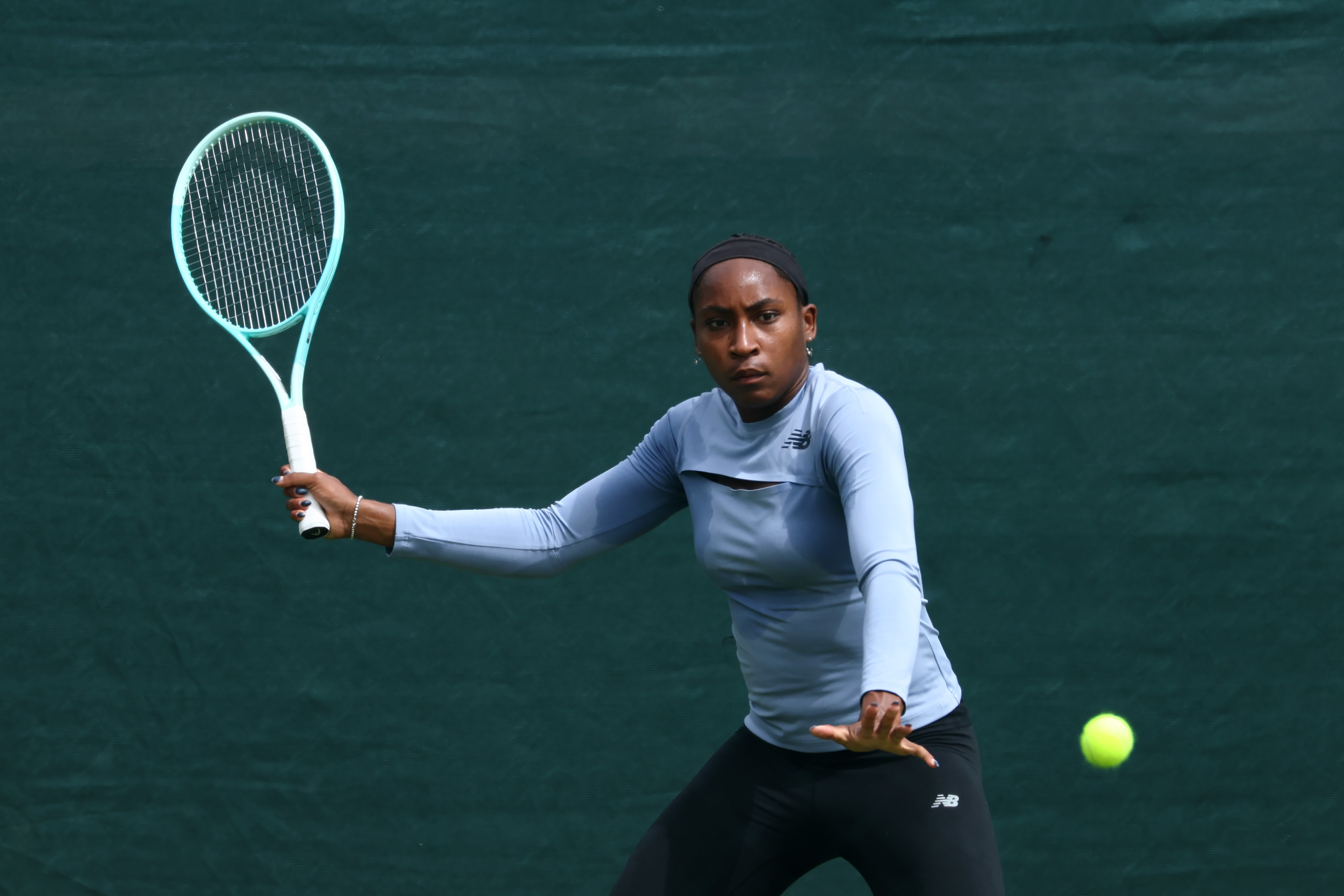 LONDON, ENGLAND - JUNE 24: Coco Gauff of the United States hits a forehand during a practice session at Aorangi Park during previews prior to The Championships Wimbledon 2025 at All England Lawn Tennis and Croquet Club on June 24, 2025 in London, England. (Photo by Dan Istitene/Getty Images)