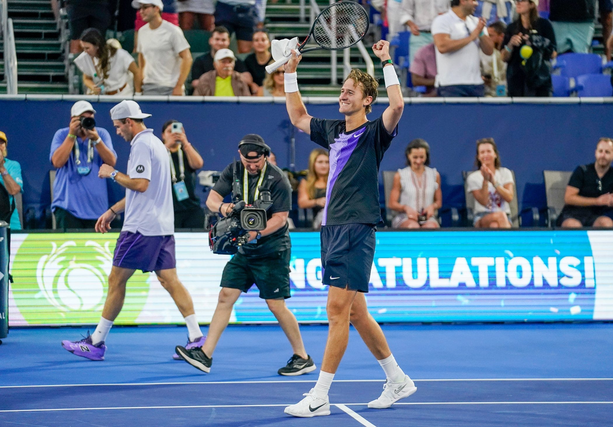 Sebastian Korda celebrates his 6-4, 6-3 victory over Tommy Paul in the finals of the Delray Beach Open at the Delray Beach Stadium and Tennis Center on Sunday, Feb. 22, 2026.