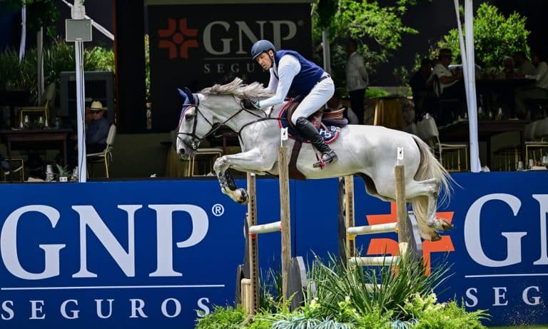 Na imagem, Eduardo de Menezes saltando um obstáculo com seu cavalo.