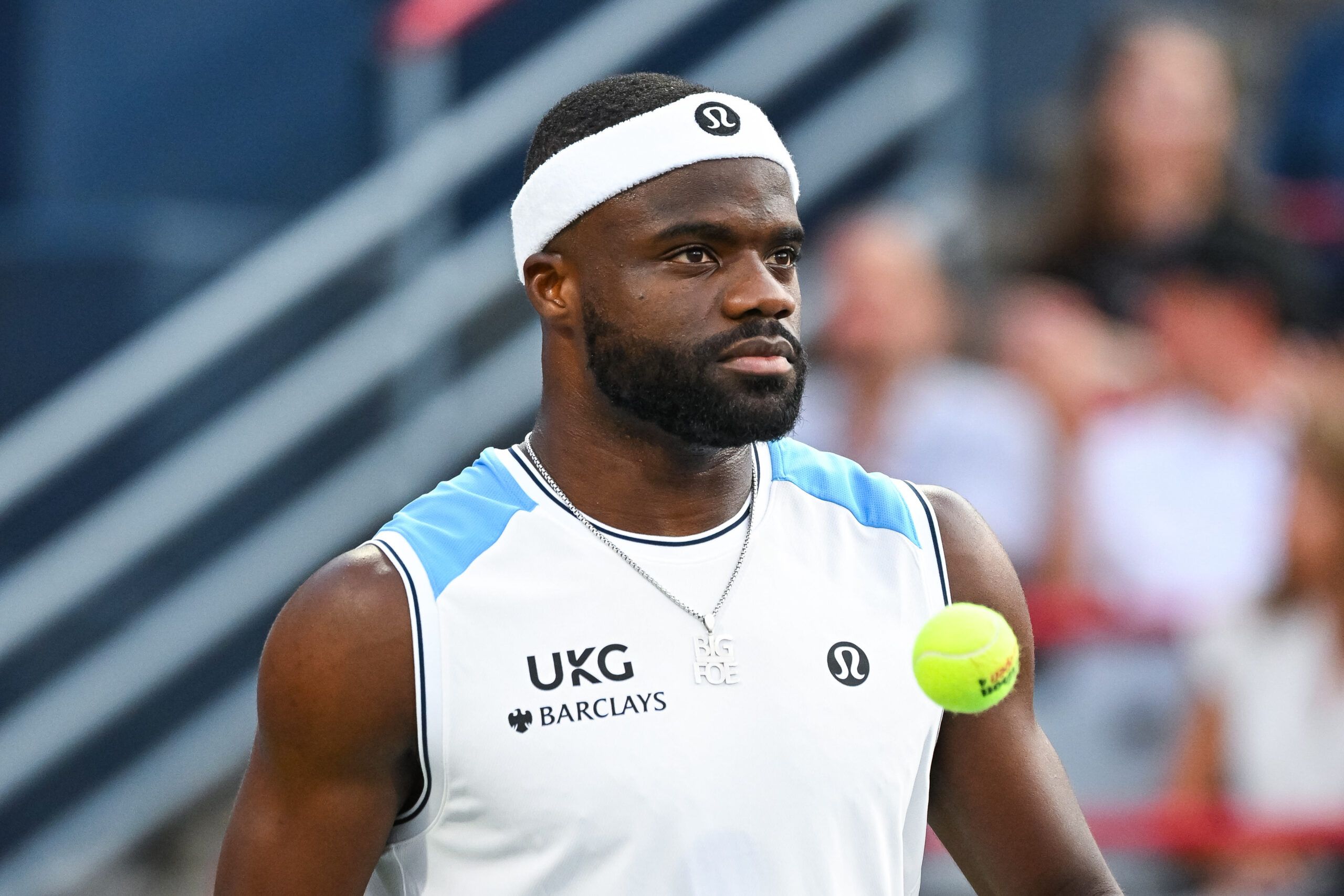 Aug 4, 2026; Montreal, QC, Canada; Frances Tiafoe (USA) looks on against Frances Tiafoe (USA) in second round play at IGA Stadium. © David Kirouac-Imagn Images