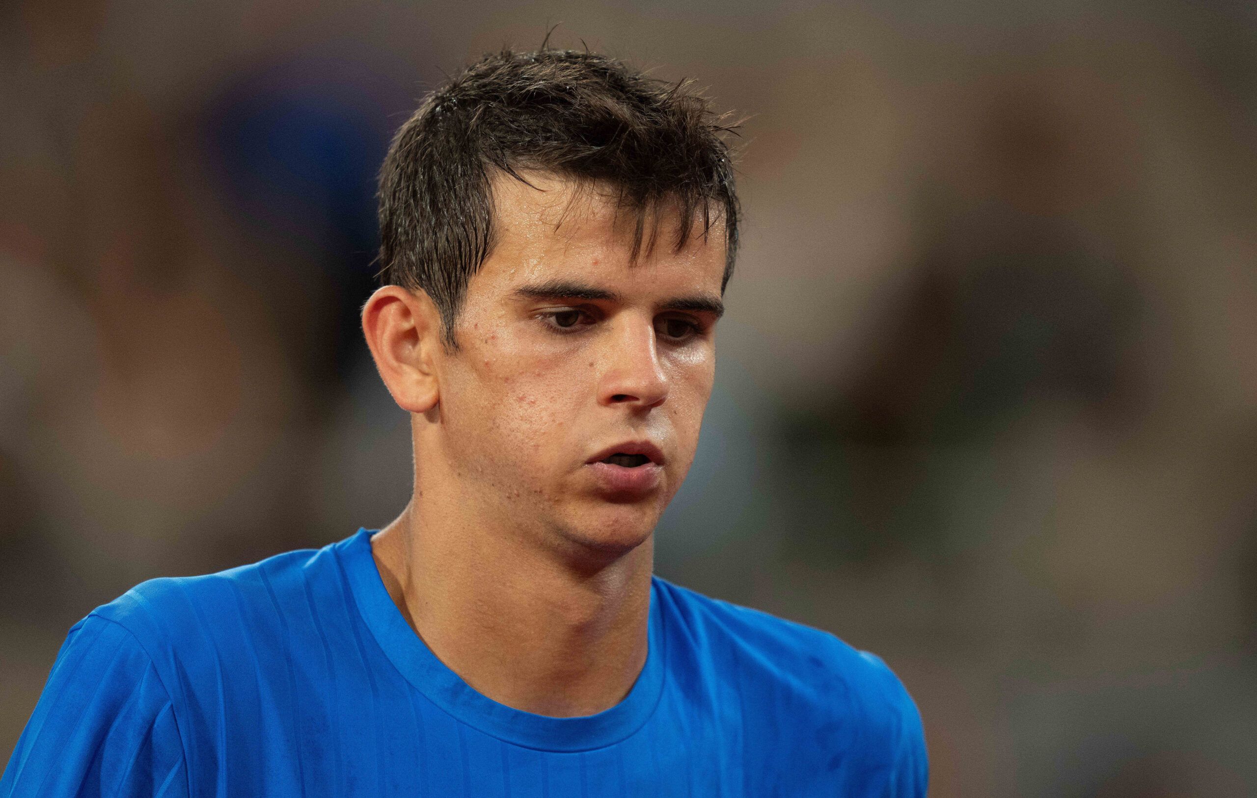 Jun 2, 2026; Paris, France; Rafael Jodar of Spain reacts during his match against Alexander Zverev of Germany on day 10 at Stade Roland Garros. © Susan Mullane-Imagn Images