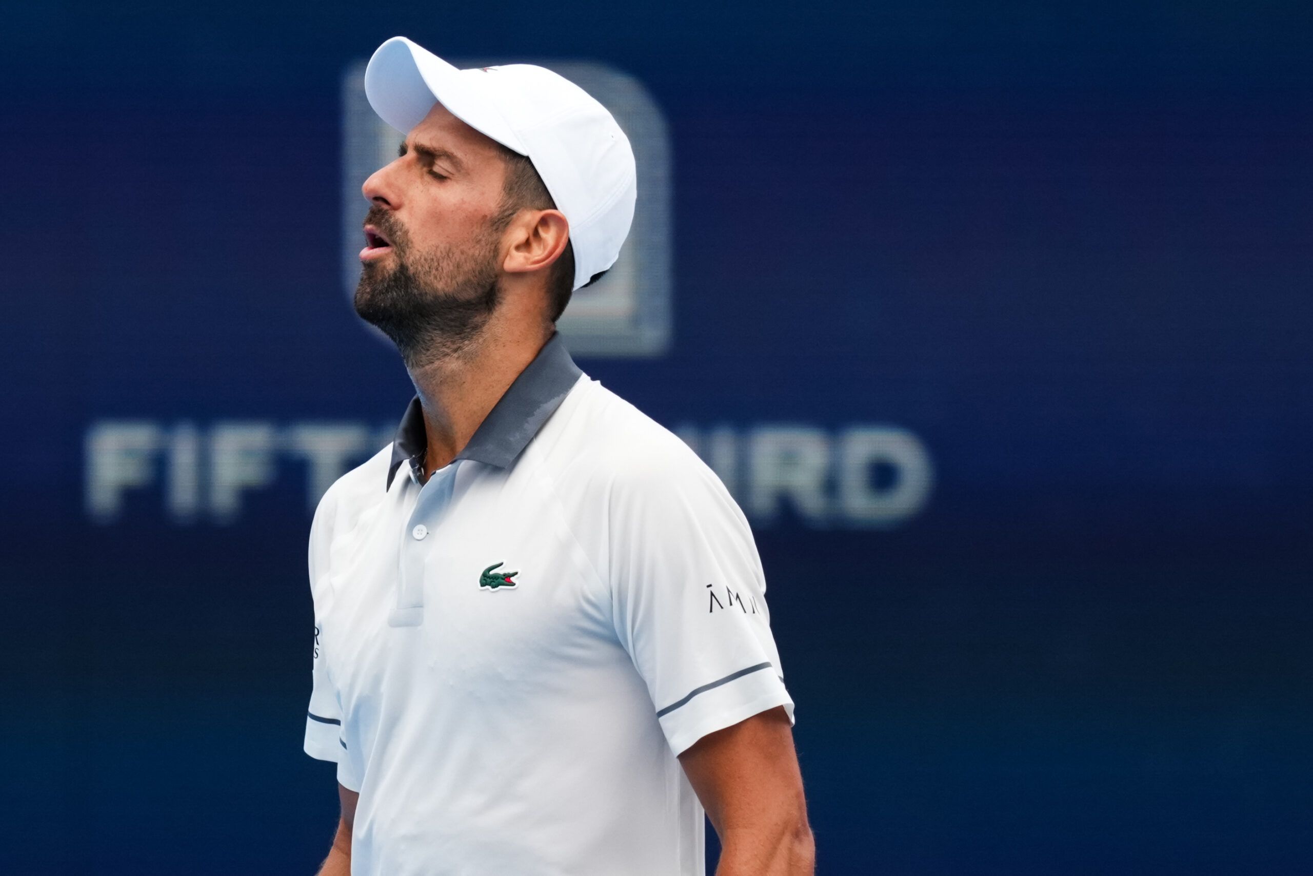 Aug 15, 2026; Mason, OH, USA; Novak Djokovic (SRB) reacts after returning a shot against Thiago Agustín Tirante (ARG) during the Cincinnati Open at Lindner Family Tennis Center. © Aaron Doster-Imagn Images
