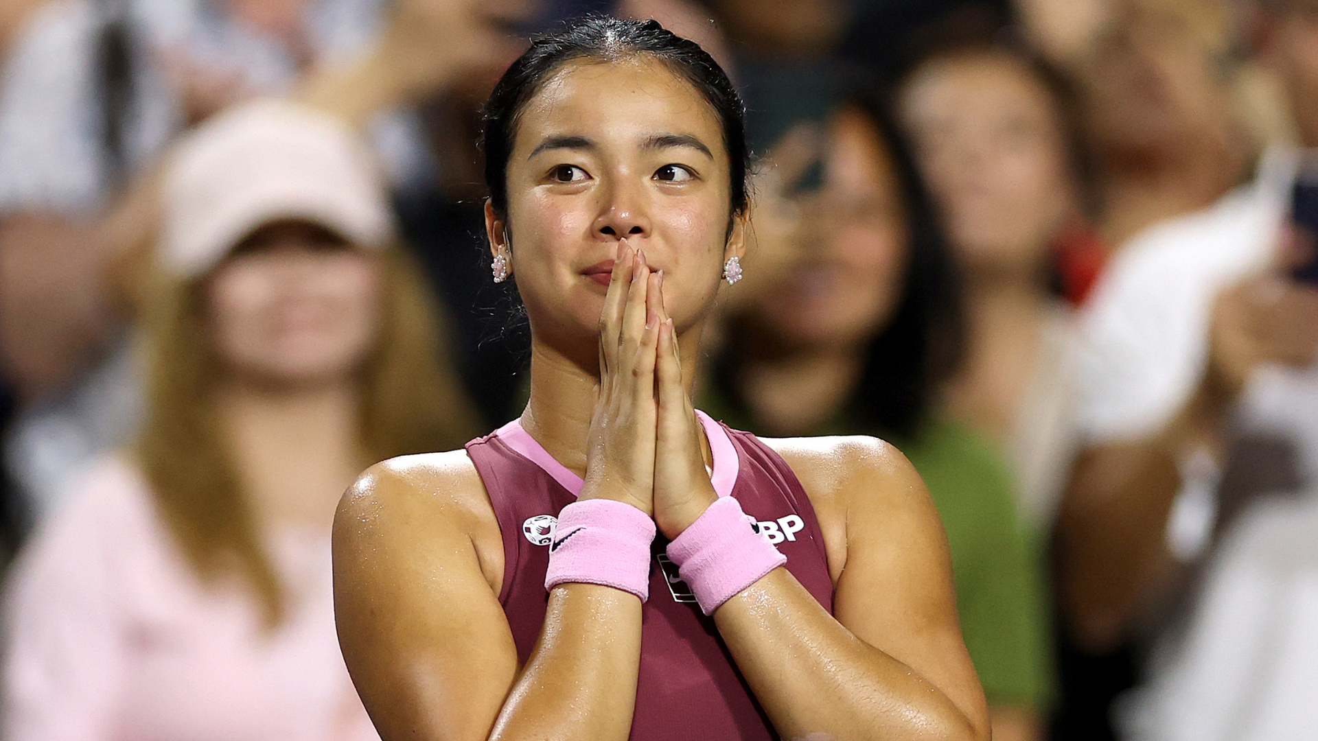 TORONTO, ONTARIO - AUGUST 09: Alexandra Eala of the Philippines acknowledges the crowd after losing to Belinda Bencic of Switzerland during day eight of the National Bank Open Presented by Rogers at Sobeys Stadium on August 09, 2026 in Toronto, Ontario. (Photo by Matthew Stockman/Getty Images)