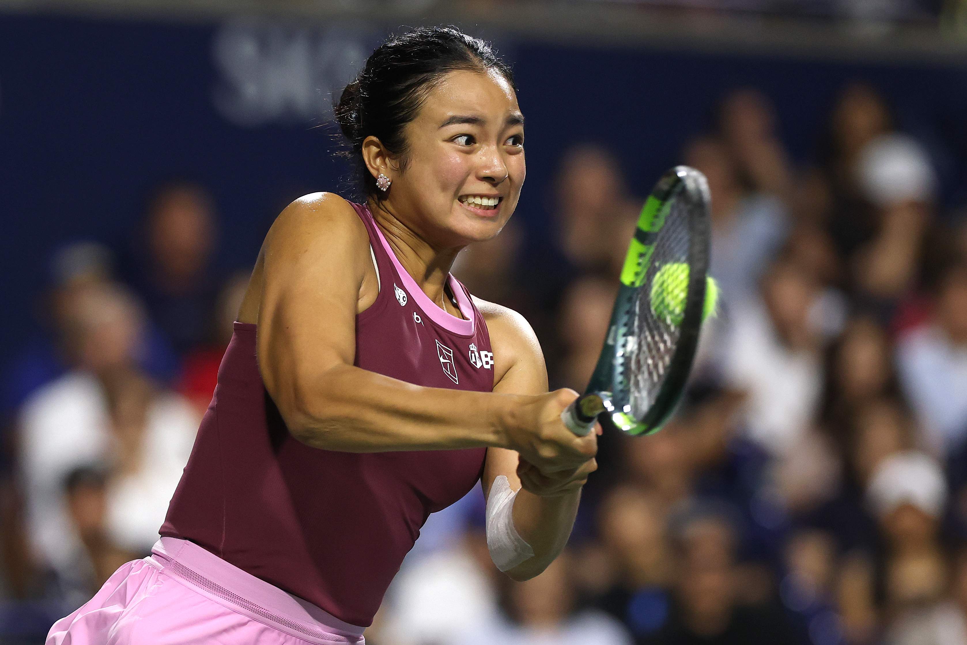 TORONTO, ONTARIO - AUGUST 07: Alexandra Eala of the Philippines returns a shot to Caty McNally of the United States during day six of the National Bank Open Presented by Rogers at Sobeys Stadium on August 07, 2026 in Toronto, Ontario. (Photo by Matthew Stockman/Getty Images)