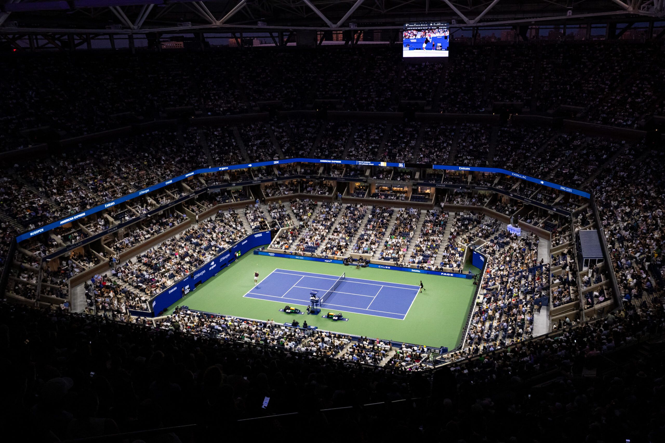 Aug 31, 2025; Flushing, NY, USA; A general view of the men’s singles fourth round match between Novak Djokovic of Serbia and Jan-Lennard Struff of Germany at Arthur Ashe Stadium in Billie Jean King National Tennis Center. © Mike Frey-Imagn Images