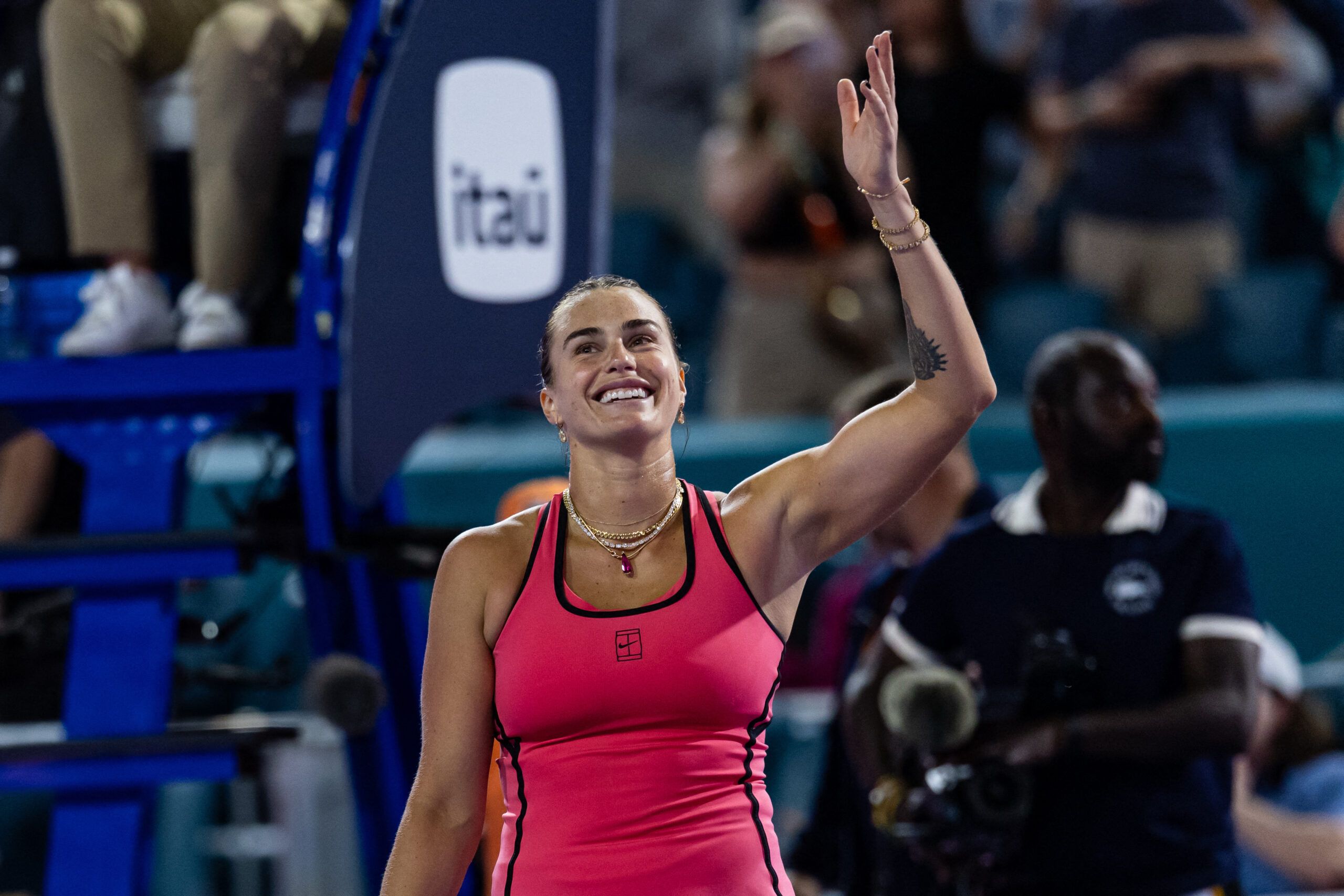 Mar 26, 2026; Miami Gardens, FL, USA; Aryna Sabalenka of Belarus celebrates her victory over Elena Rybakina of Kazakhstan in the semi-finals of the women’s singles at the Miami Open at the Hard Rock Stadium. © Mike Frey-Imagn Images