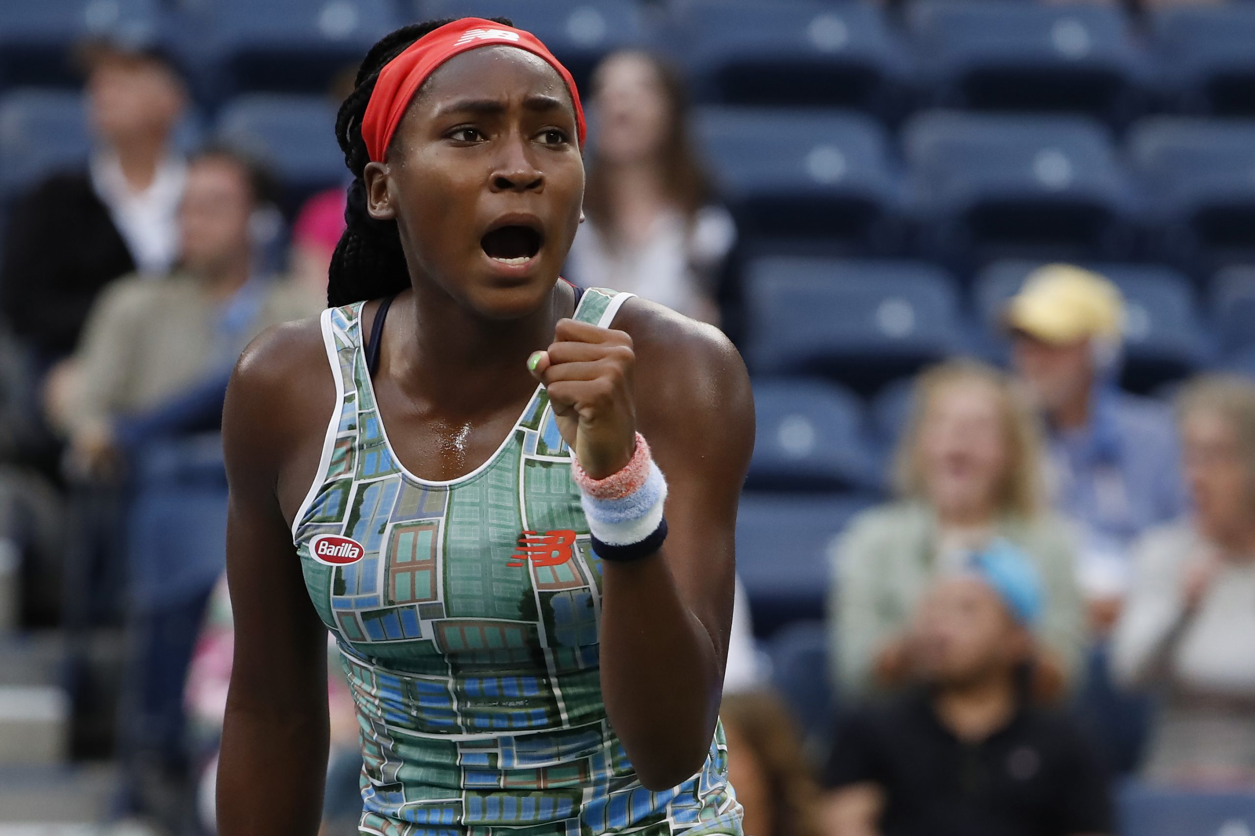 Aug 27, 2019; Flushing, NY, USA; Coco Gauff of the United States celebrates after winning a game against Anastasia Potapova of Russia (not pictured) in the first round on day two of the 2019 U.S. Open tennis tournament at USTA Billie Jean King National Tennis Center. © Geoff Burke-USA TODAY Sports
