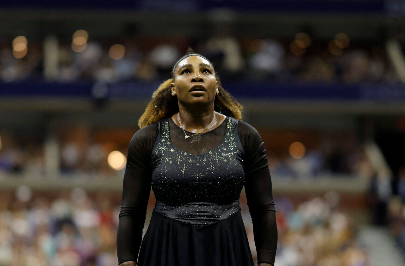 Aug 31, 2022; Flushing, NY, USA; Serena Williams (USA) stands on the court between points against Anett Kontaveit (EST) (not pictured) on day three of the 2022 U.S. Open tennis tournament at USTA Billie Jean King Tennis Center. © Geoff Burke-USA TODAY Sports