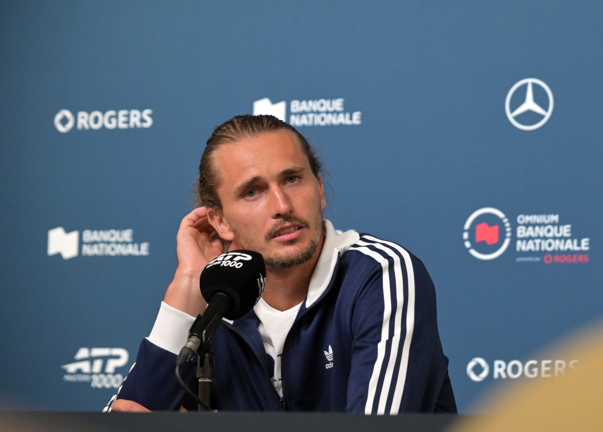 Aug 2, 2026; Montreal, Qc, Canada; Alexander Zverev (GER) gives a presser during first round play at IGA Stadium. © Eric Bolte-Imagn Images