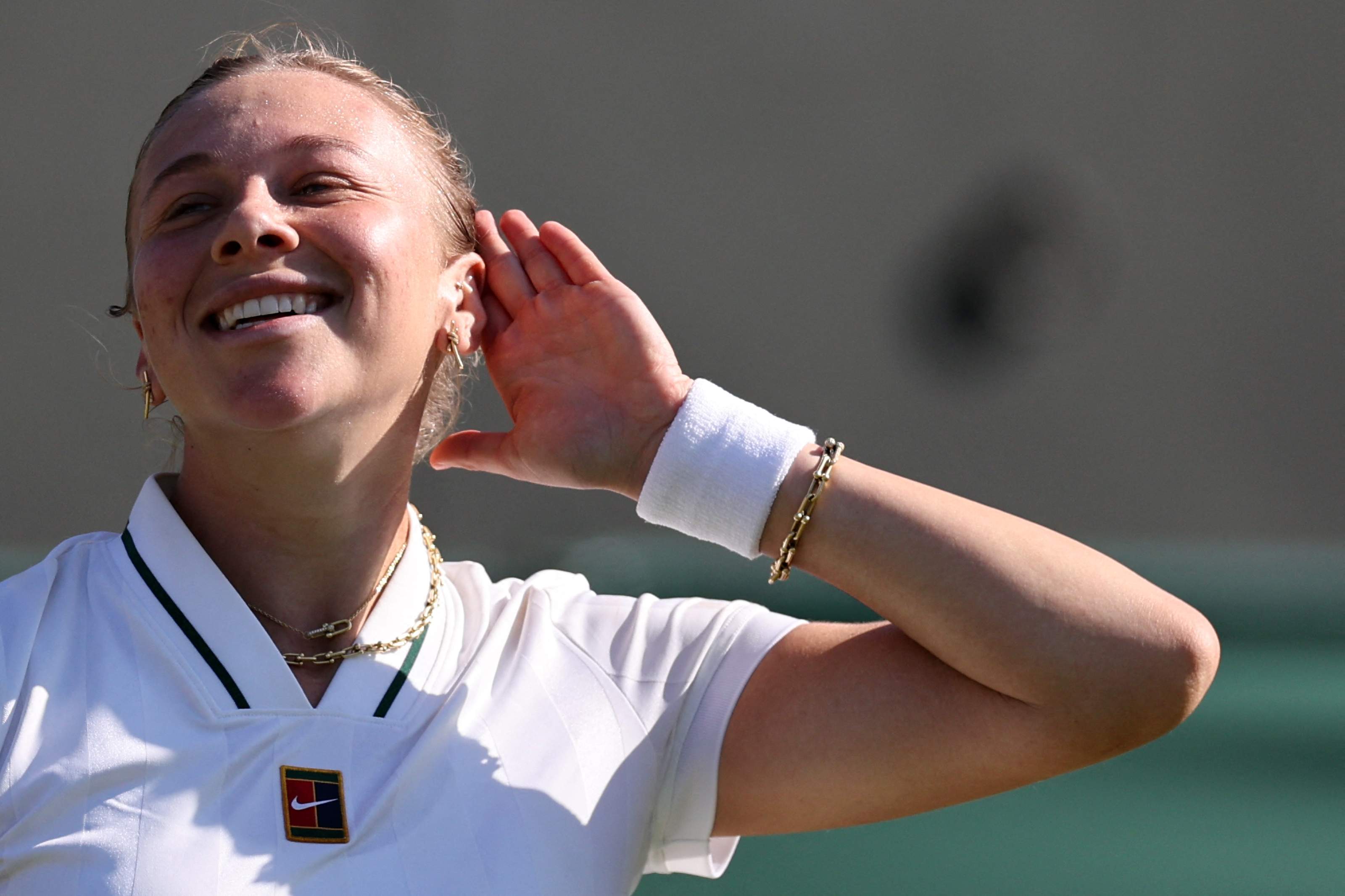 US player Amanda Anisimova celebrates beating US player Sofia Kenin during their women's singles second round tennis match on the fourth day of the 2026 Wimbledon Championships at The All England Lawn Tennis and Croquet Club in Wimbledon, southwest London, on July 2, 2026. (Photo by Henry Nicholls / AFP via Getty Images) / RESTRICTED TO EDITORIAL USE