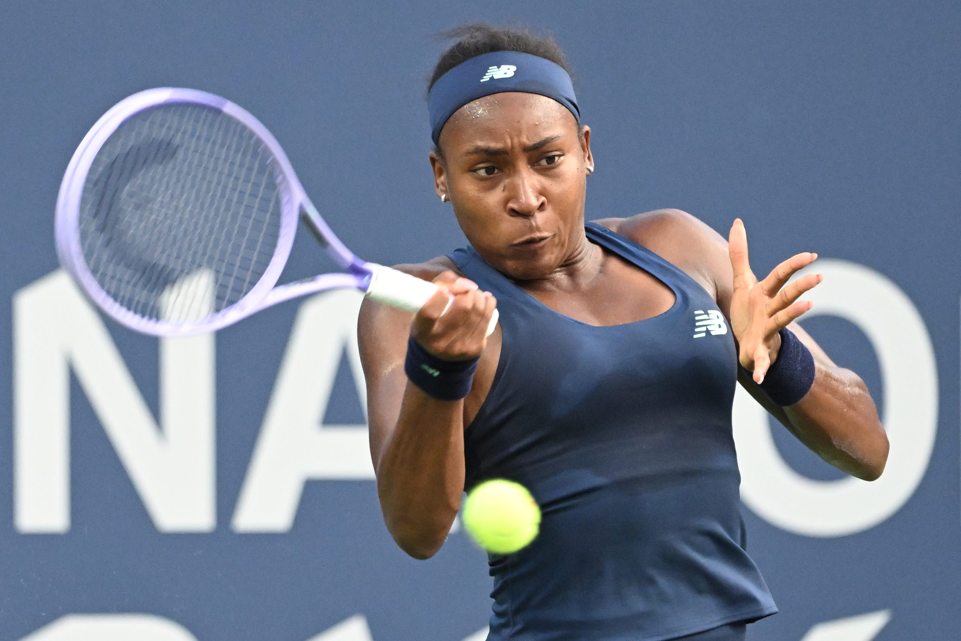Coco Gauff plays a shot against Maria Sakkari during the third round of the Canadian Open at Sobeys Stadium in Toronto on Aug. 7, 2026.