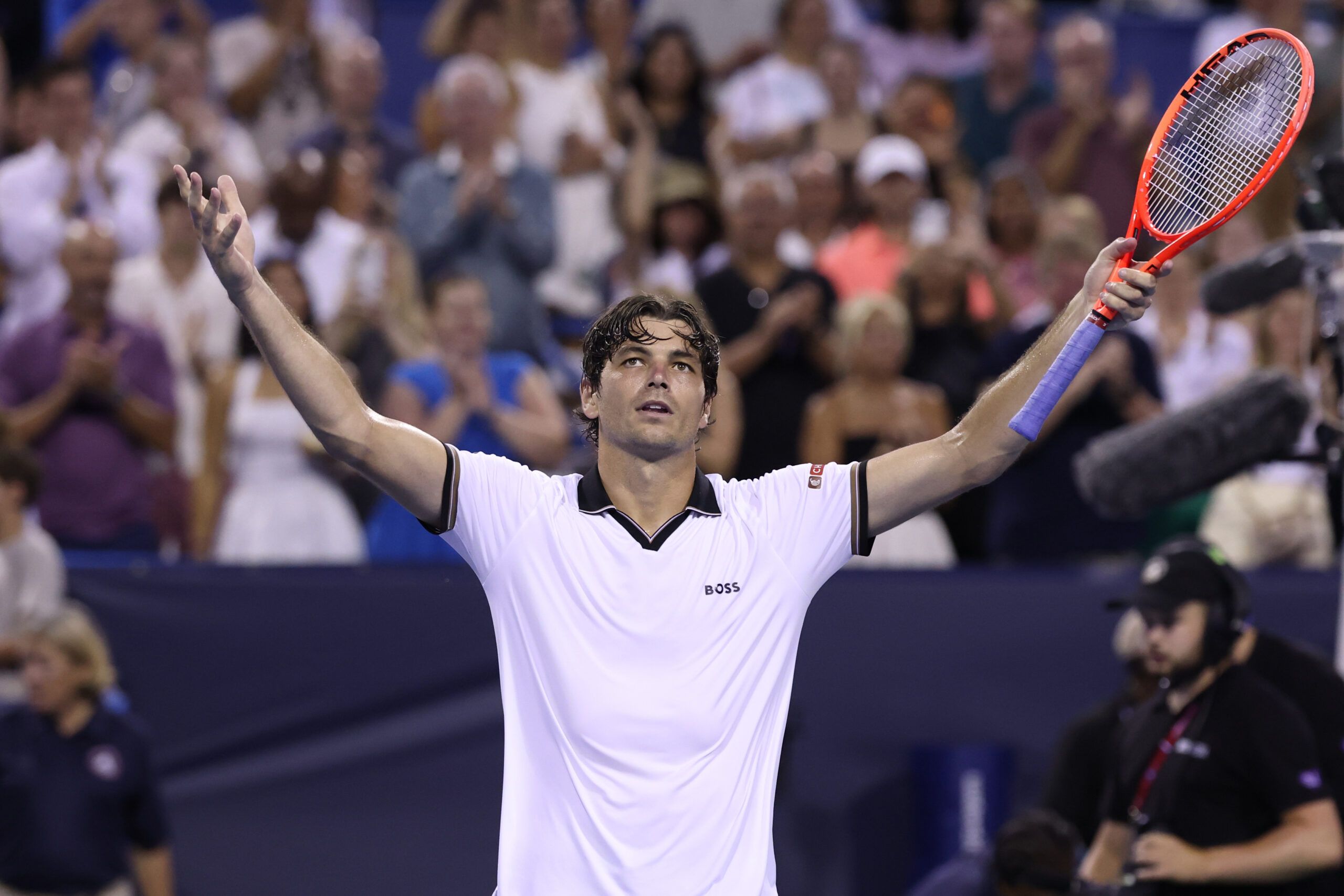 Aug 1, 2026; Washington, D.C., USA; Taylor Fritz (USA) celebrates after his match against Brandon Nakashima (USA) (not pictured) in a men's singles semifinal on day six of the 2026 Mubadala DC Open at Rock Creek Park Tennis Center. © Geoff Burke-Imagn Images