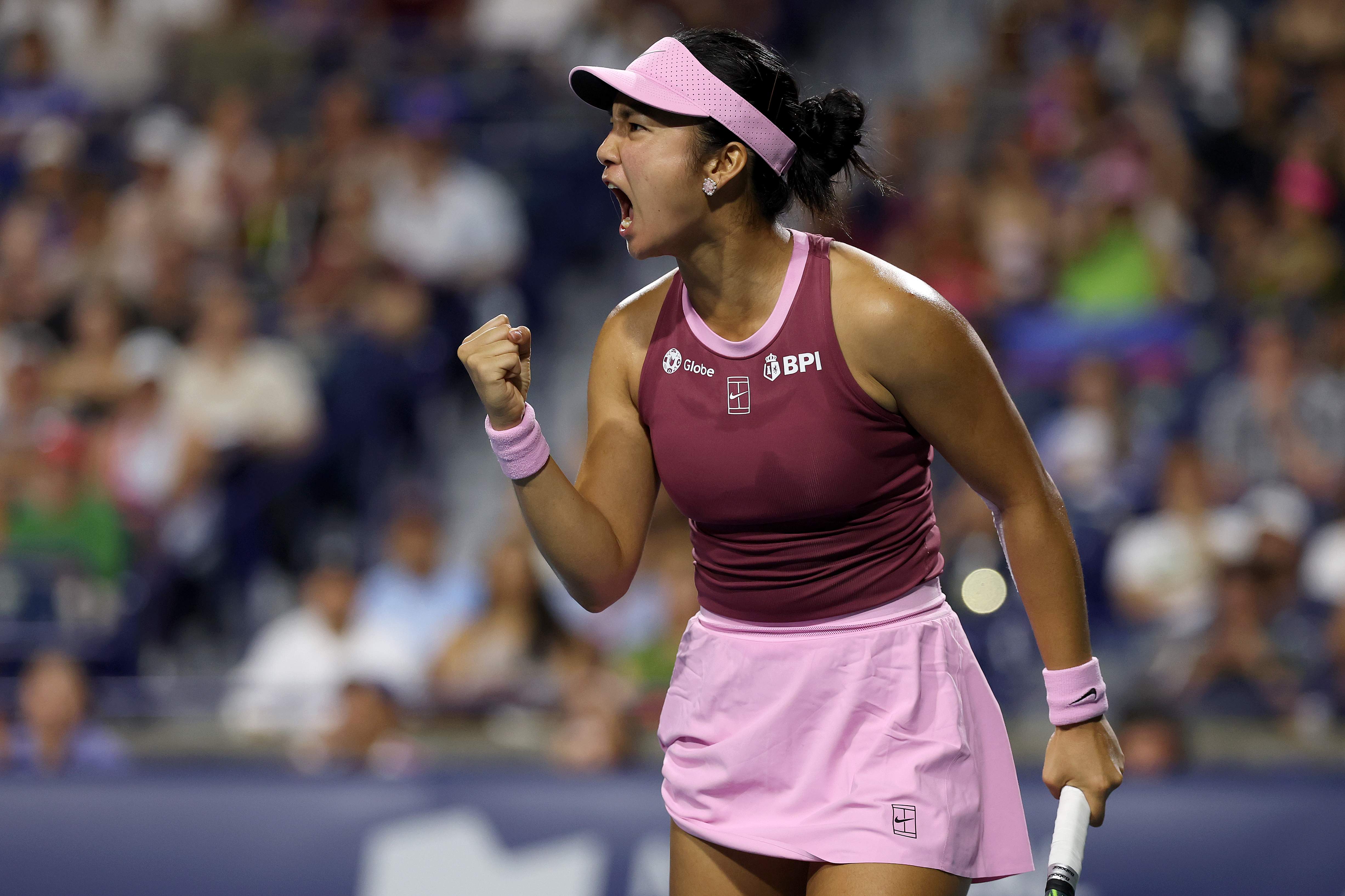 TORONTO, ONTARIO - AUGUST 05: Alexandra Eala of the Philippines celebrates while playing Alycia Parks of the United States during day four of the National Bank Open Presented by Rogers at Sobeys Stadium on August 05, 2026 in Toronto, Ontario. (Photo by Matthew Stockman/Getty Images)