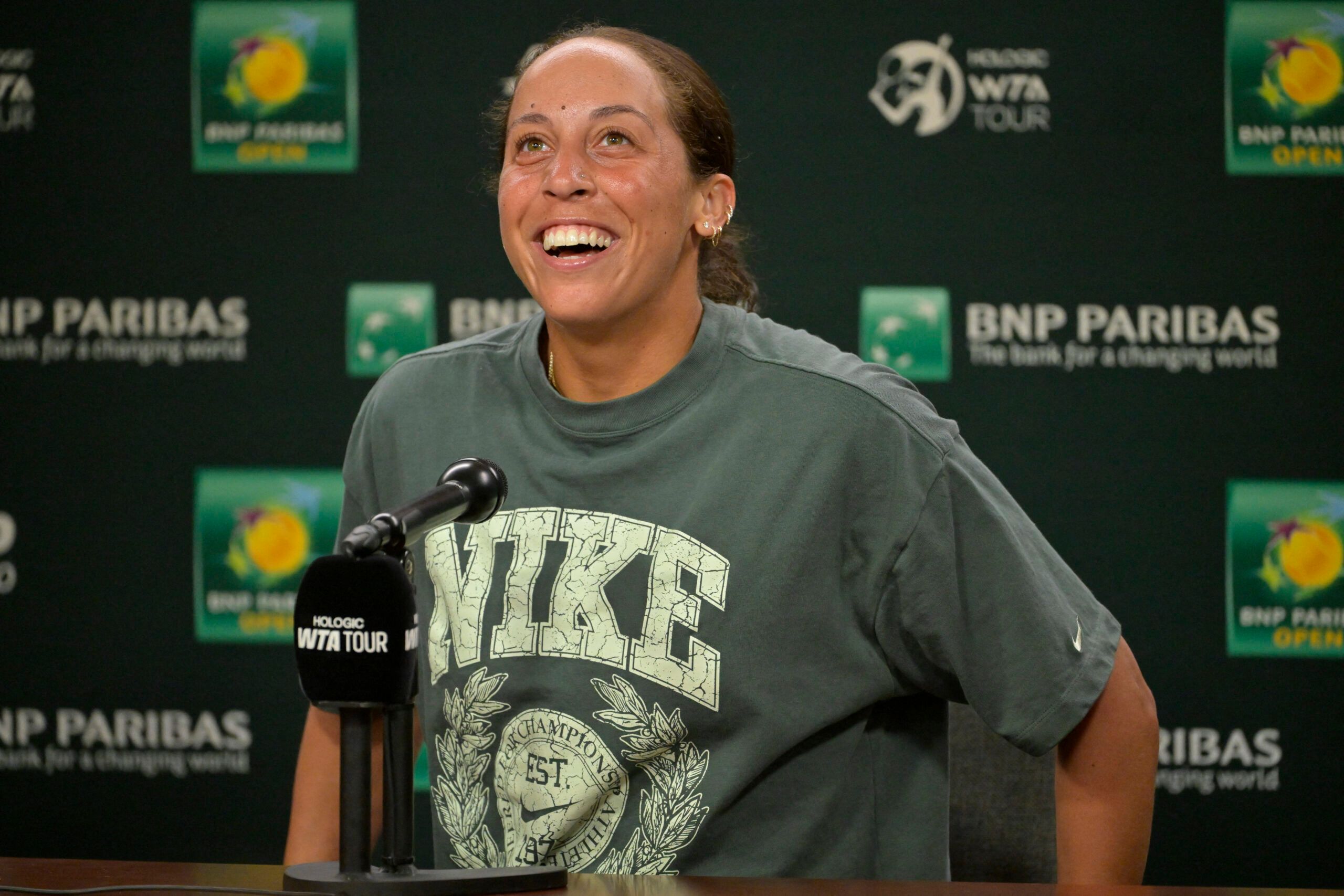 Mar 4, 2025; Indian Wells, CA, USA; Madison Keys (USA) talks to media during a news conference during the BNP Paribas Open at the Indian Well Tennis Garden. © Jayne Kamin-Oncea-Imagn Images