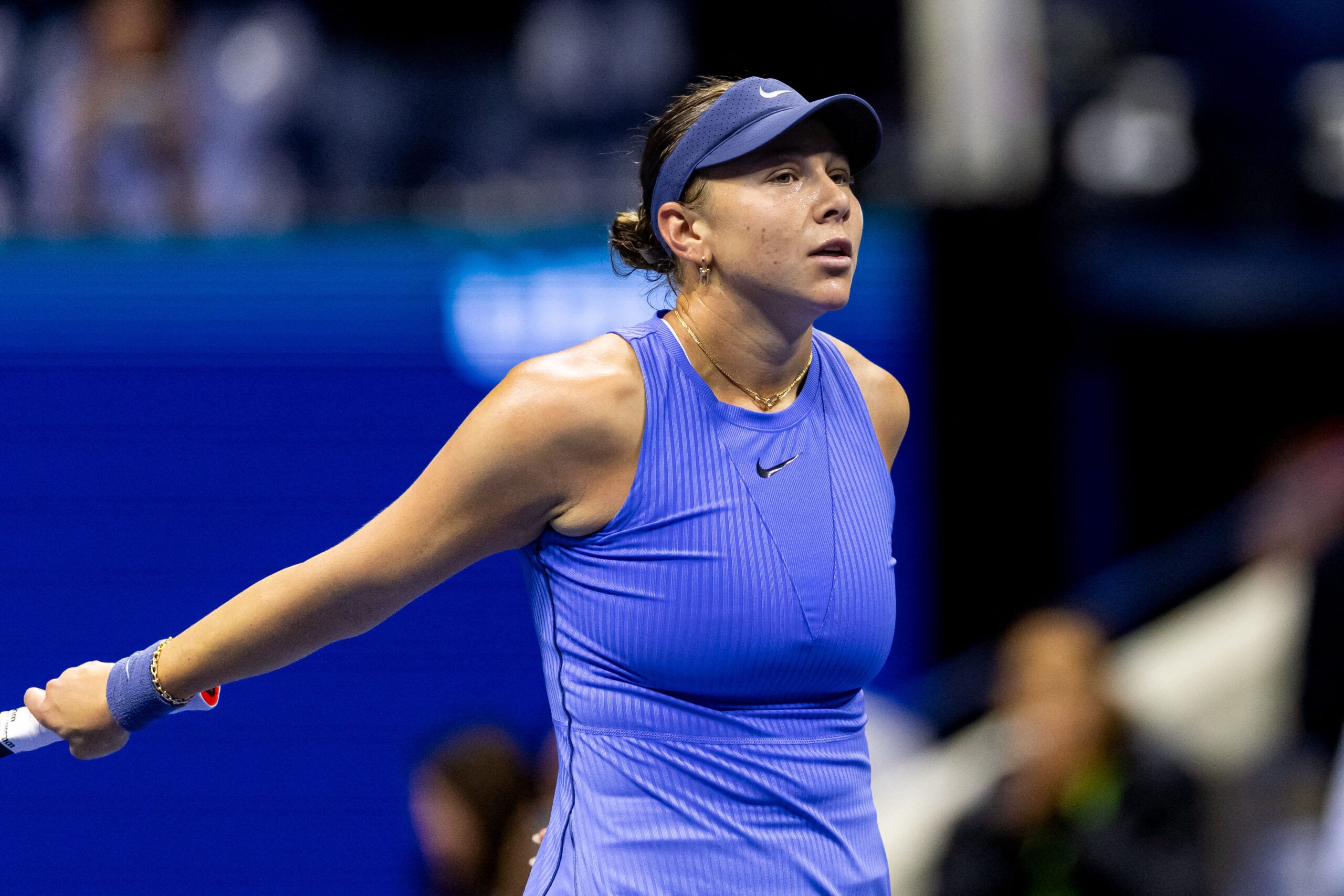 Sep 4, 2025; Flushing, NY, USA; Amanda Anisimova of the United States celebrates her victory over Naomi Osaka of Japan in the semifinal of the women’s singles at the US Open at Arthur Ashe Stadium in Billie Jean King National Tennis Center. © Mike Frey-Imagn Images