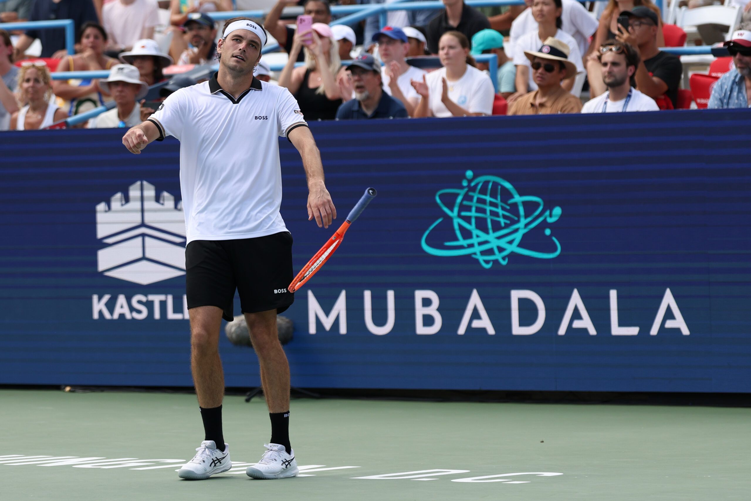 Aug 3, 2026; Washington, D.C., USA; Taylor Fritz (USA) celebrates after match point against Rafael Jodar (ESP) (not pictured) in the men's singles final of the 2026 Mubadala DC Open at Rock Creek Park Tennis Center. © Geoff Burke-Imagn Images