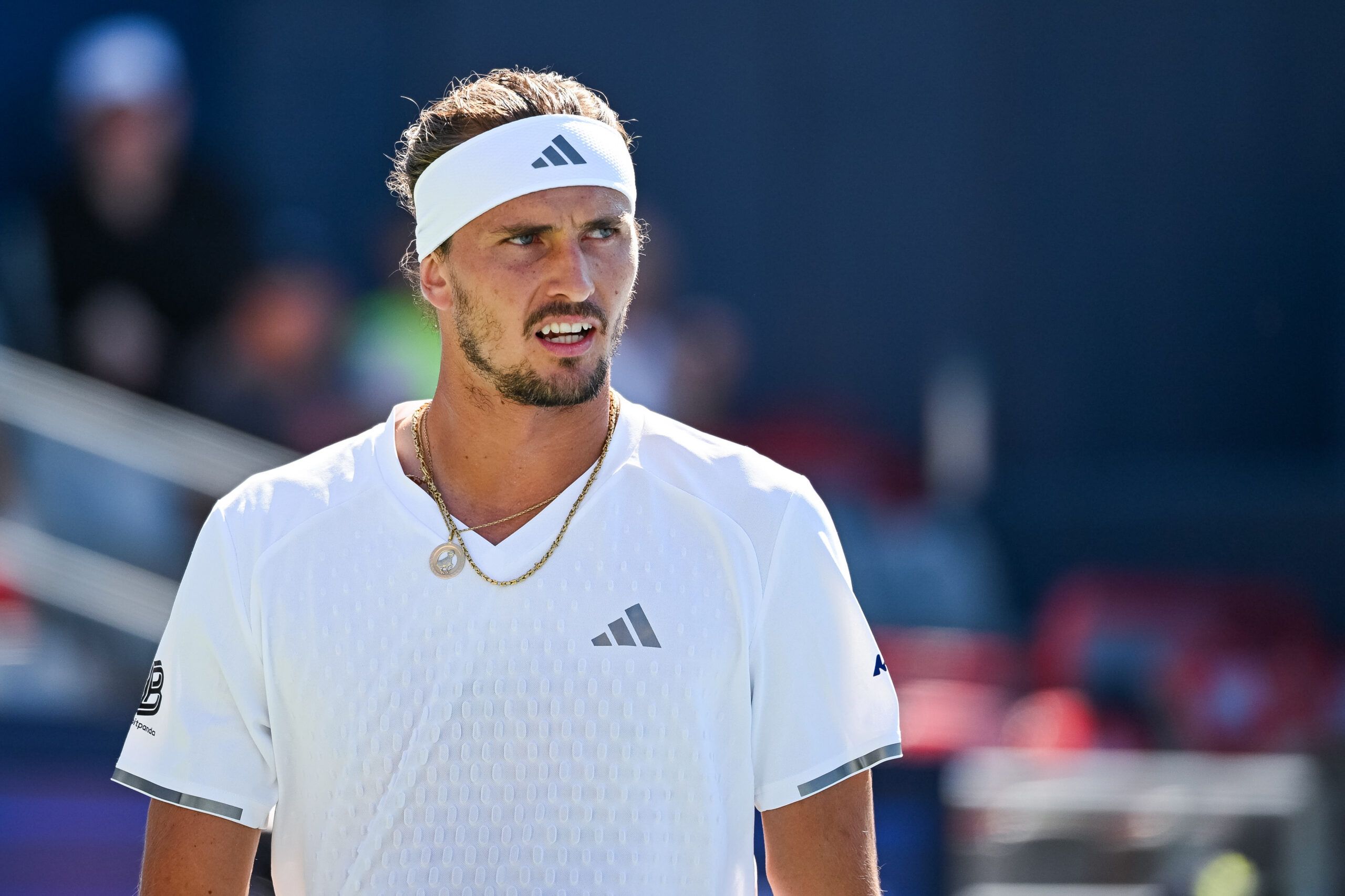 Aug 5, 2026; Montreal, QC, Canada; Alexander Zverev (GER) looks on against Tallon Griekspoor (NED) in second round play at IGA Stadium. © David Kirouac-Imagn Images