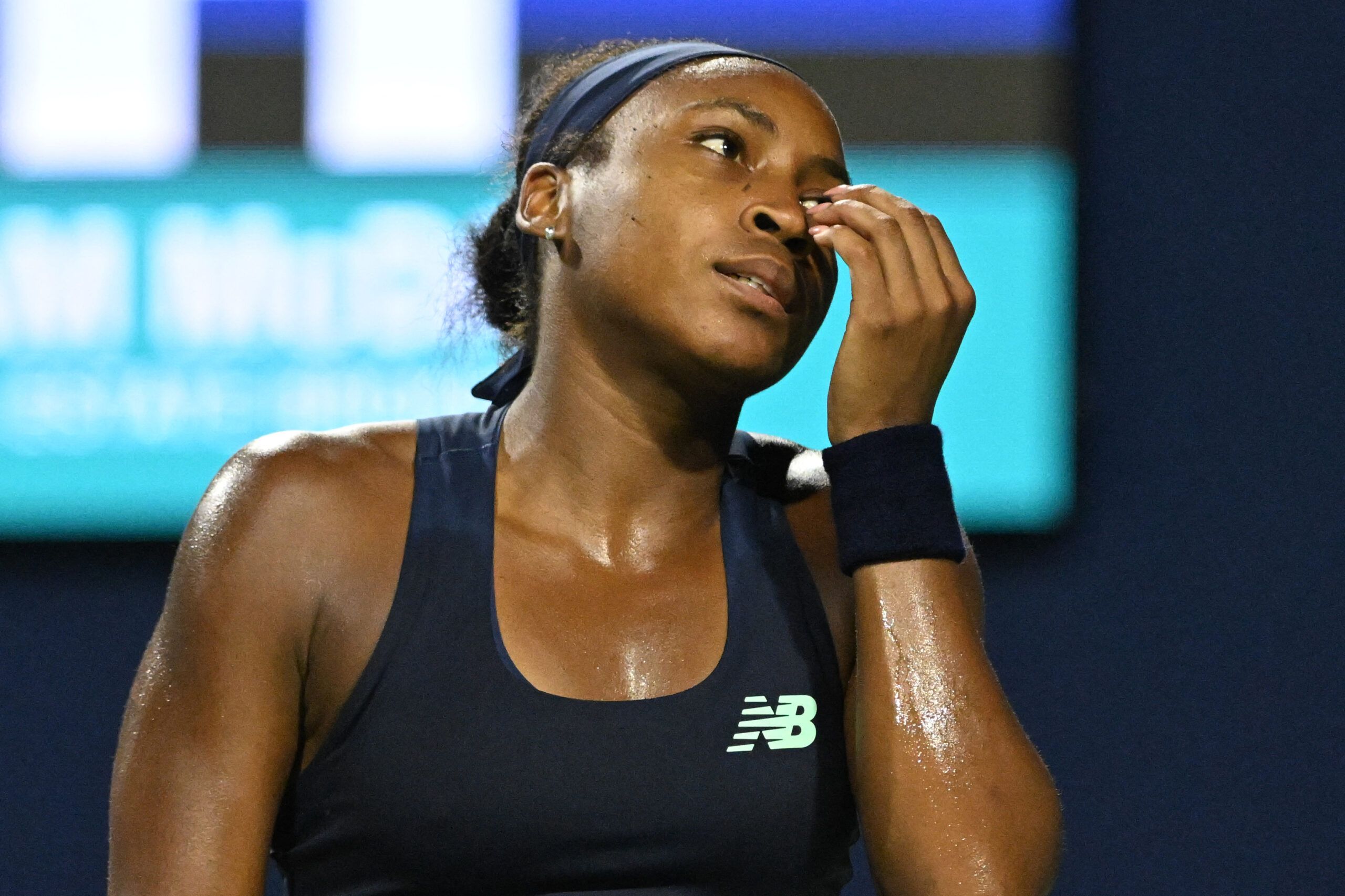 Aug 12, 2026; Toronto, Ontario, Canada; Coco Gauff (USA) reacts after losing a point against Elena Rybakina (KAZ)during semi-final play at Sobeys Stadium. © Dan Hamilton-Imagn Images