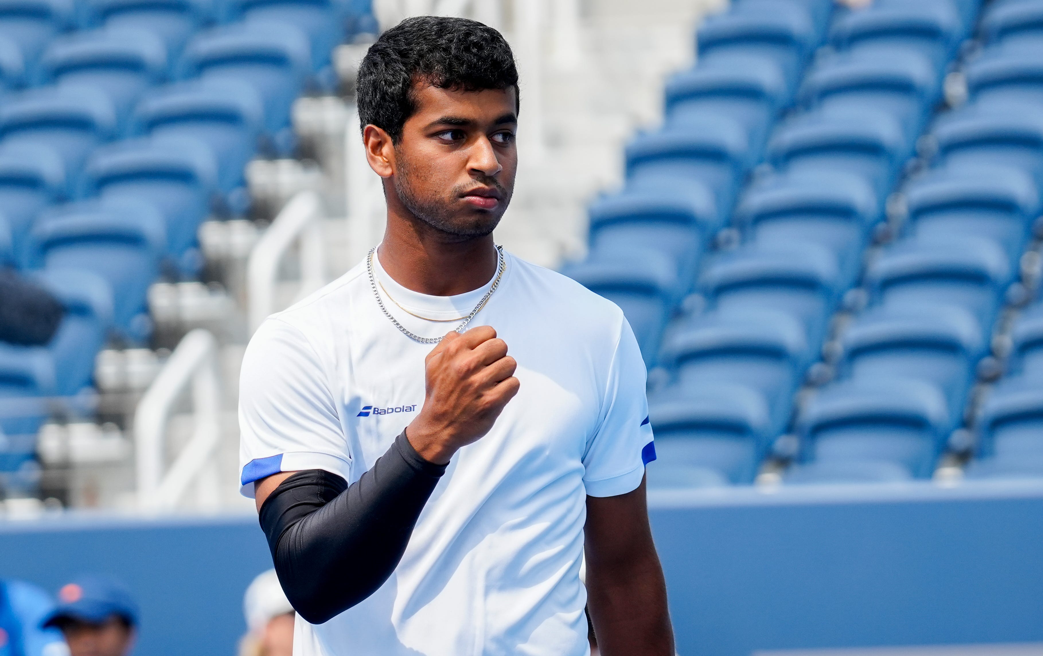 Vignesh Gogineni does a small celebration after scoring against Otto Virtanen on Tuesday, Aug. 11, 2026.