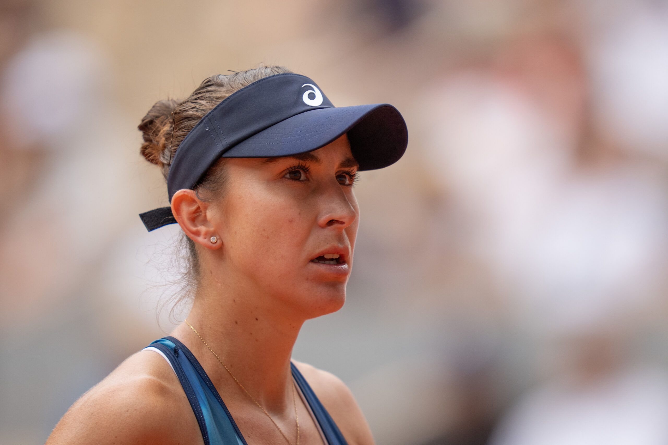 May 31, 2026; Paris, France; Belinda Bencic of Switzerland during her match against Elina Svitolina of Ukraine on day eight at Stade Roland Garros. © Susan Mullane-Imagn Images