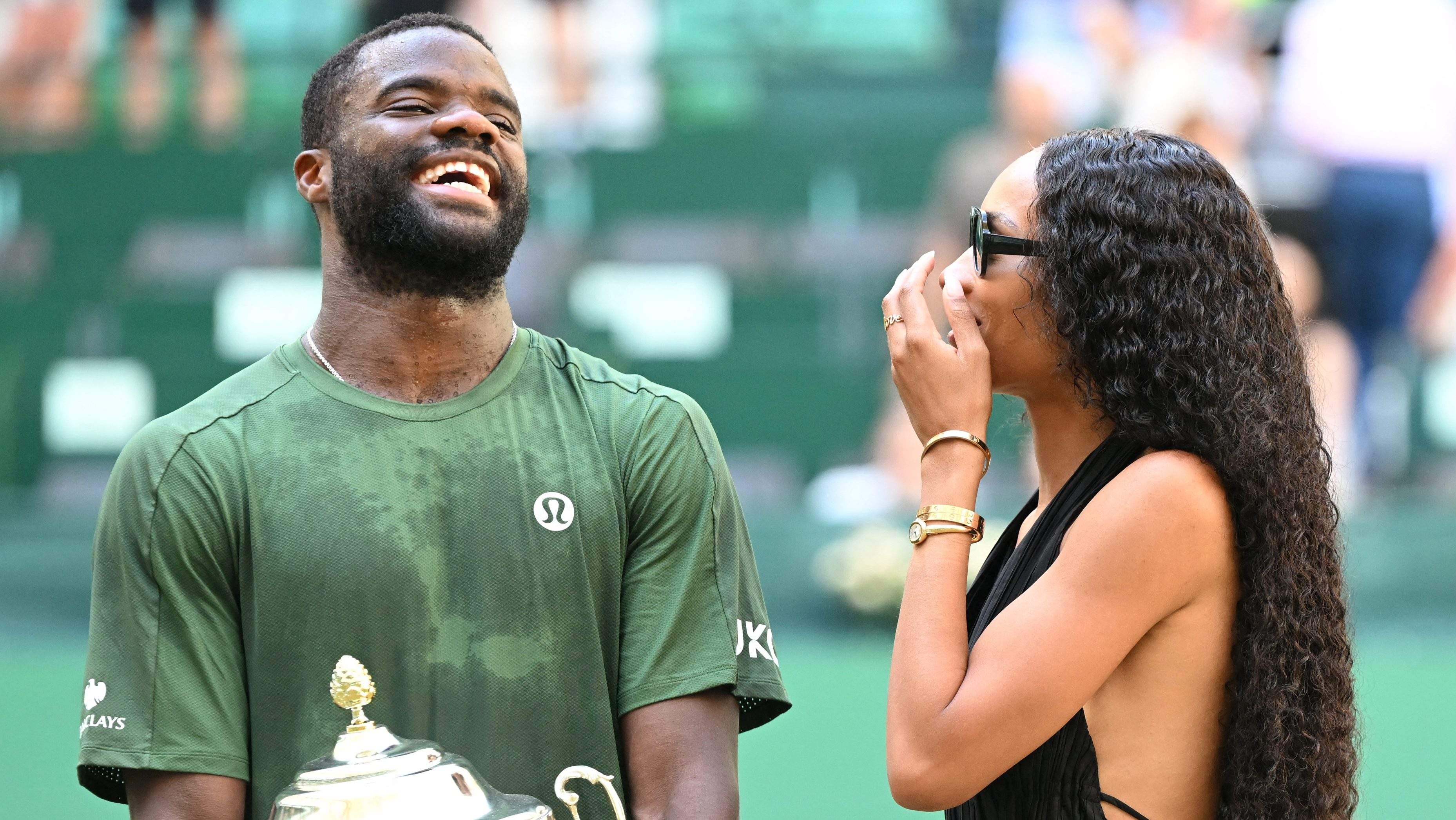 Frances Tiafoe celebrates his girlfriend, Ayan Broomfield, before his run at the 2026 Cincinnati Open.