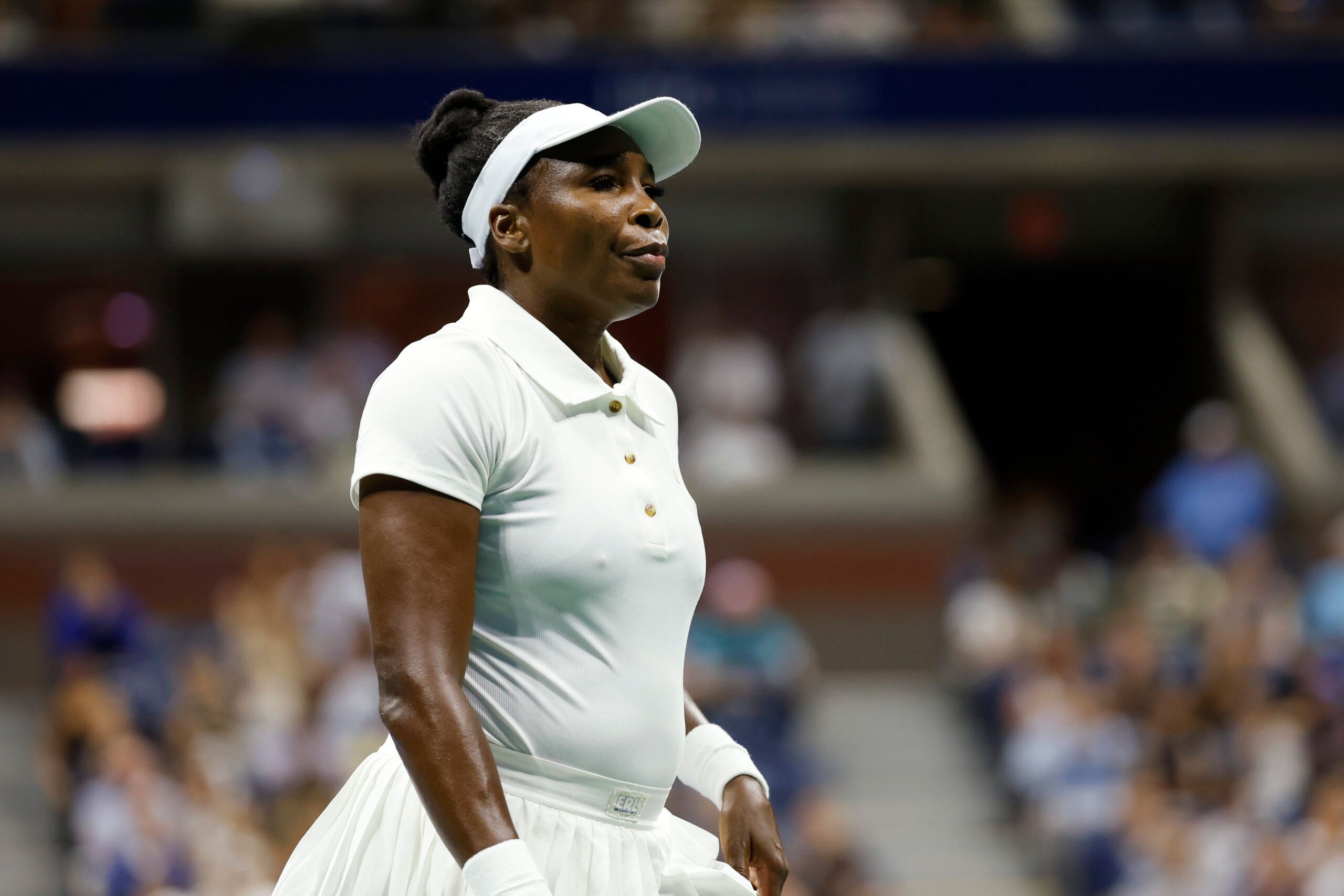 Aug 25, 2025; Flushing, NY, USA; Venus Williams (USA) looks on against Karolina Muchova (CZE)(not pictured) on day two of the 2025 U.S. Open tennis tournament at the USTA Billie Jean King National Tennis Center. © Amber Searls-Imagn Images