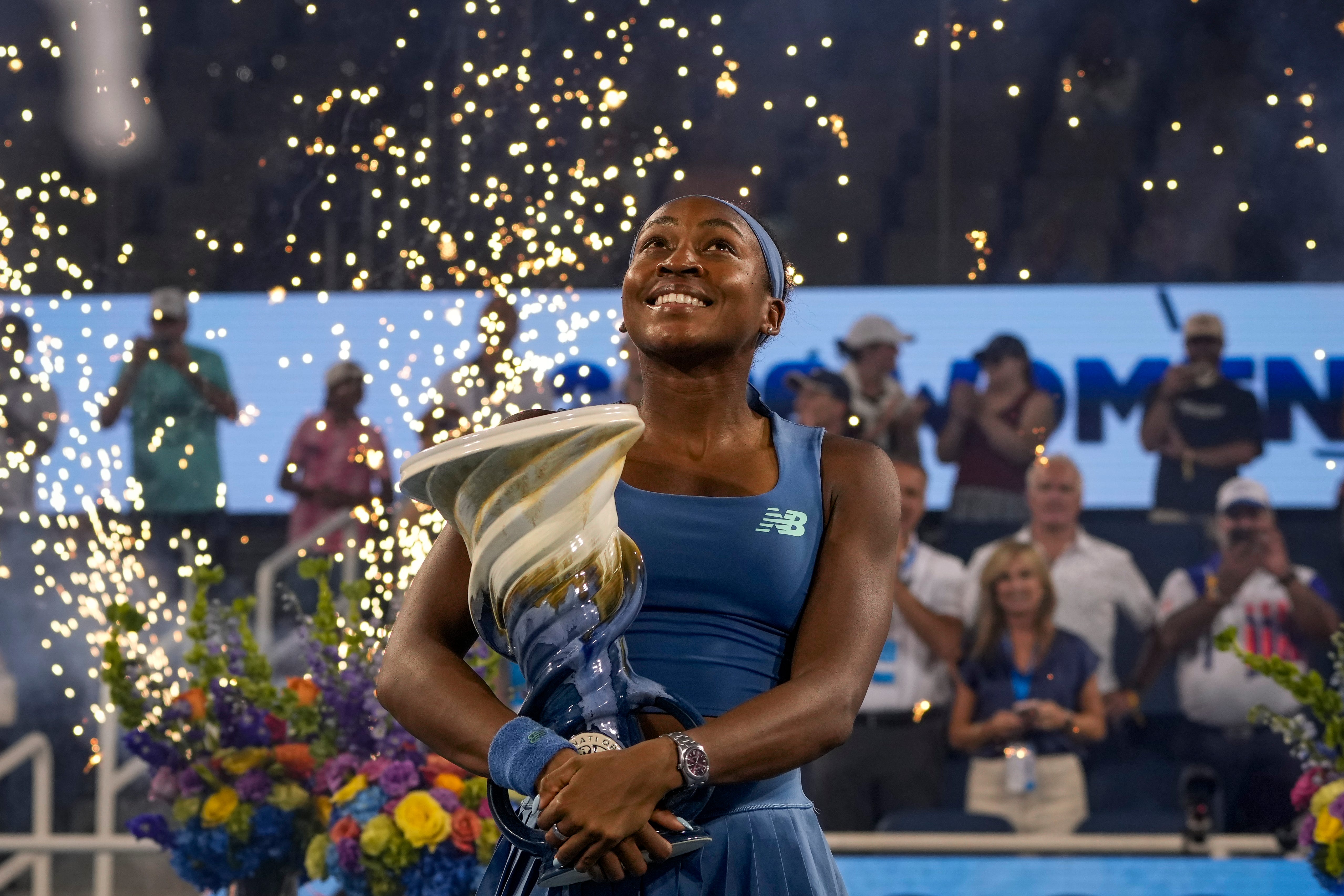 Coco Gauff holds the Rookwood Cup after the Cincinnati Open Finals match between Coco Gauff and Jessica Pegula, both of the United States, at the Lindner Family Tennis Center in Mason, Ohio, on Sunday, Aug. 23, 2026. Gauff won the championship in straight sets, 6-2, 6-2.