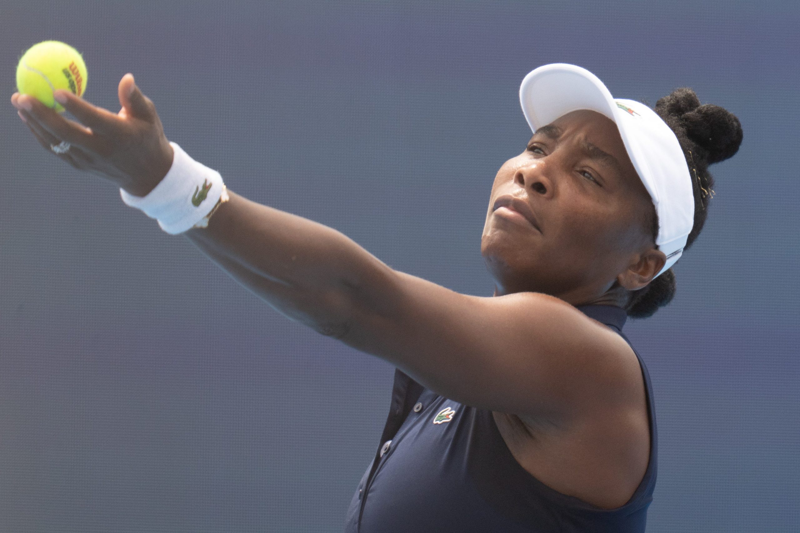 Venus Williams, of the United States, serves to Emiliana Arango, of Colombia, at the Cincinnati Open at the Lindner Family Tennis Center in Mason, Ohio, on Friday, August 14, 2026.