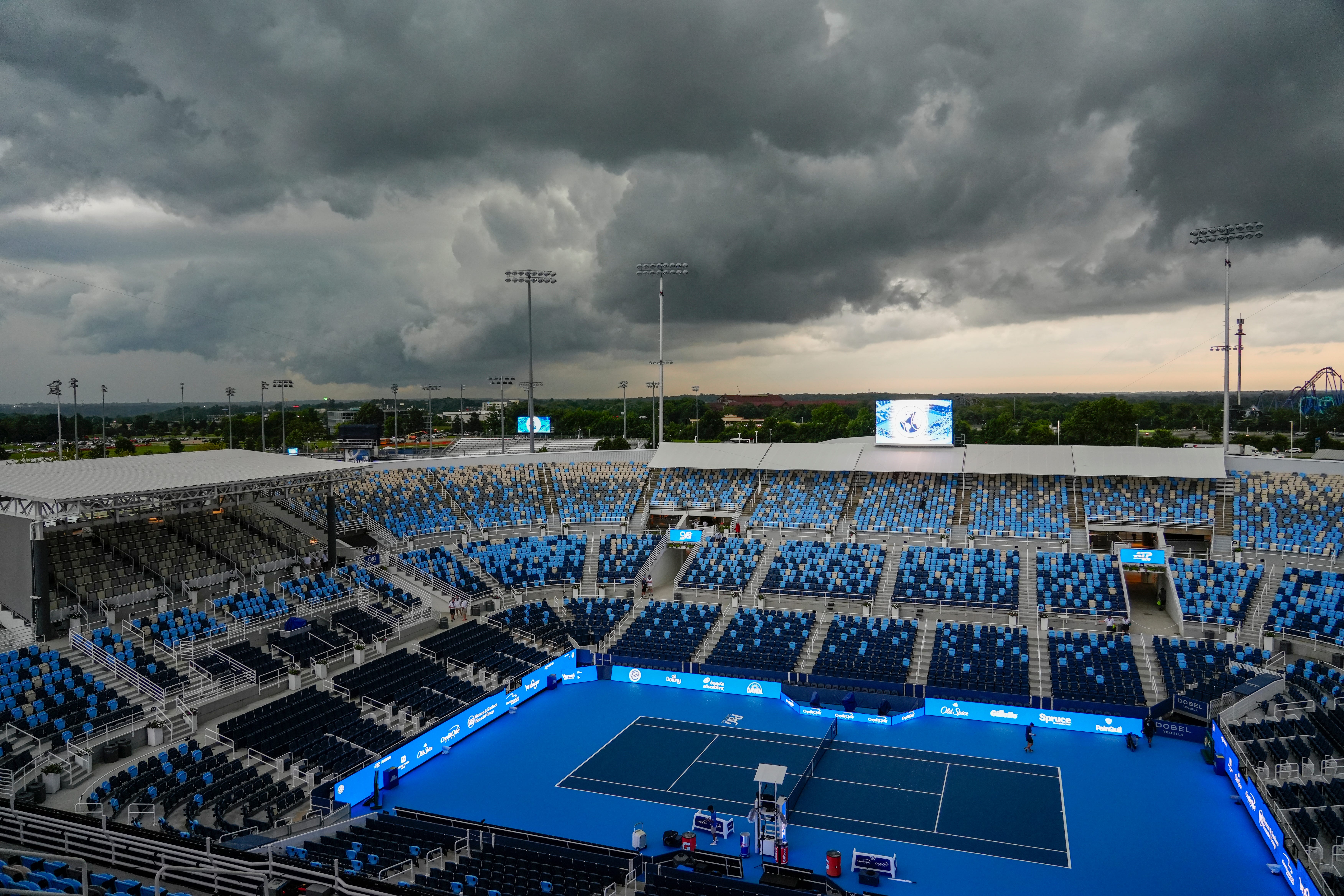 Rain causes a delay before the Cincinnati Open first qualifier matches start on Tuesday, Aug. 11, 2026.