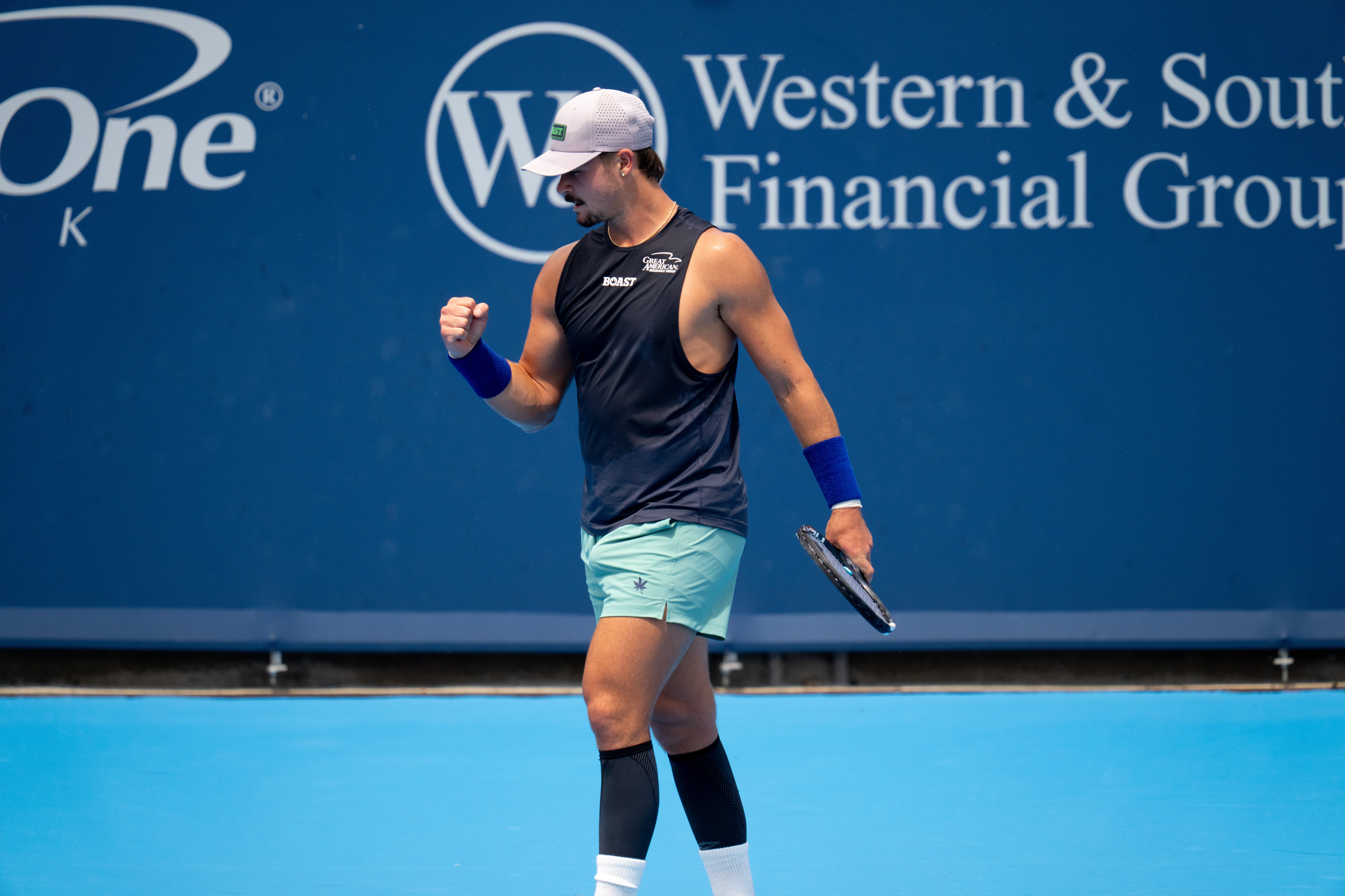 J.J. Wolf, of the United States, reacts after a hit to James Duckworth, of Australia, at the Cincinnati Open at the Lindner Family Tennis Center in Mason, Ohio, on Friday, August 14, 2026.