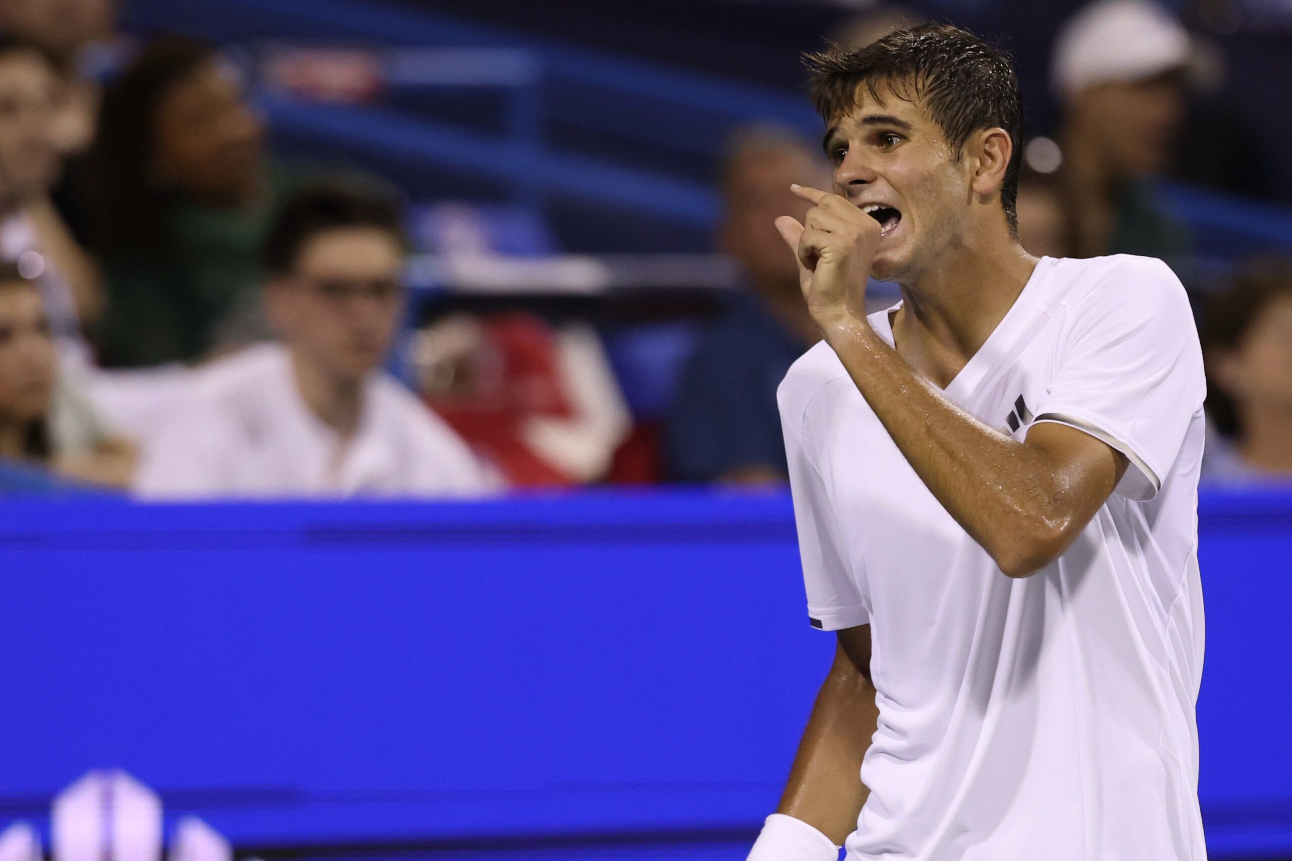 Aug 1, 2026; Washington, D.C., USA; Rafael Jodar (ESP) reacts after missing a shot against Alejandro Tabilo (CHI) (not pictured) in a men's singles semifinal on day six of the 2026 Mubadala DC Open at Rock Creek Park Tennis Center. © Geoff Burke-Imagn Images