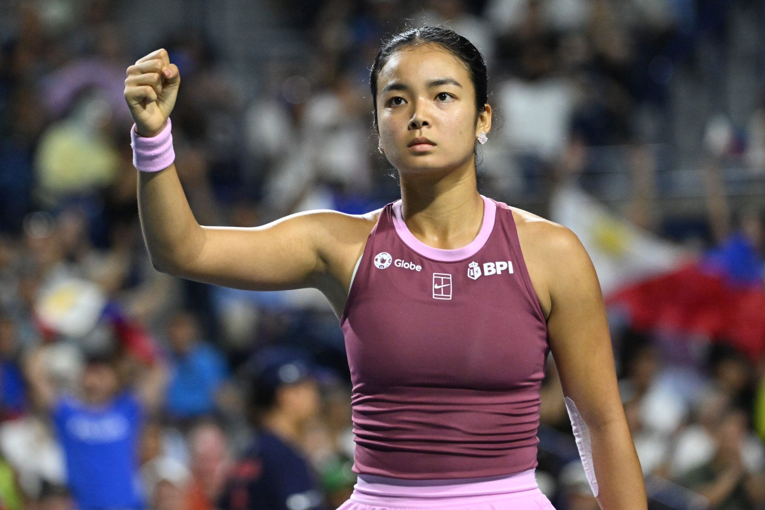 Aug 7, 2026; Toronto, Ontario, Canada; Alexandra Eala (PHI) reacts after winning a game against Caty McNally (USA) during third round play at Sobeys Stadium. © Dan Hamilton-Imagn Images