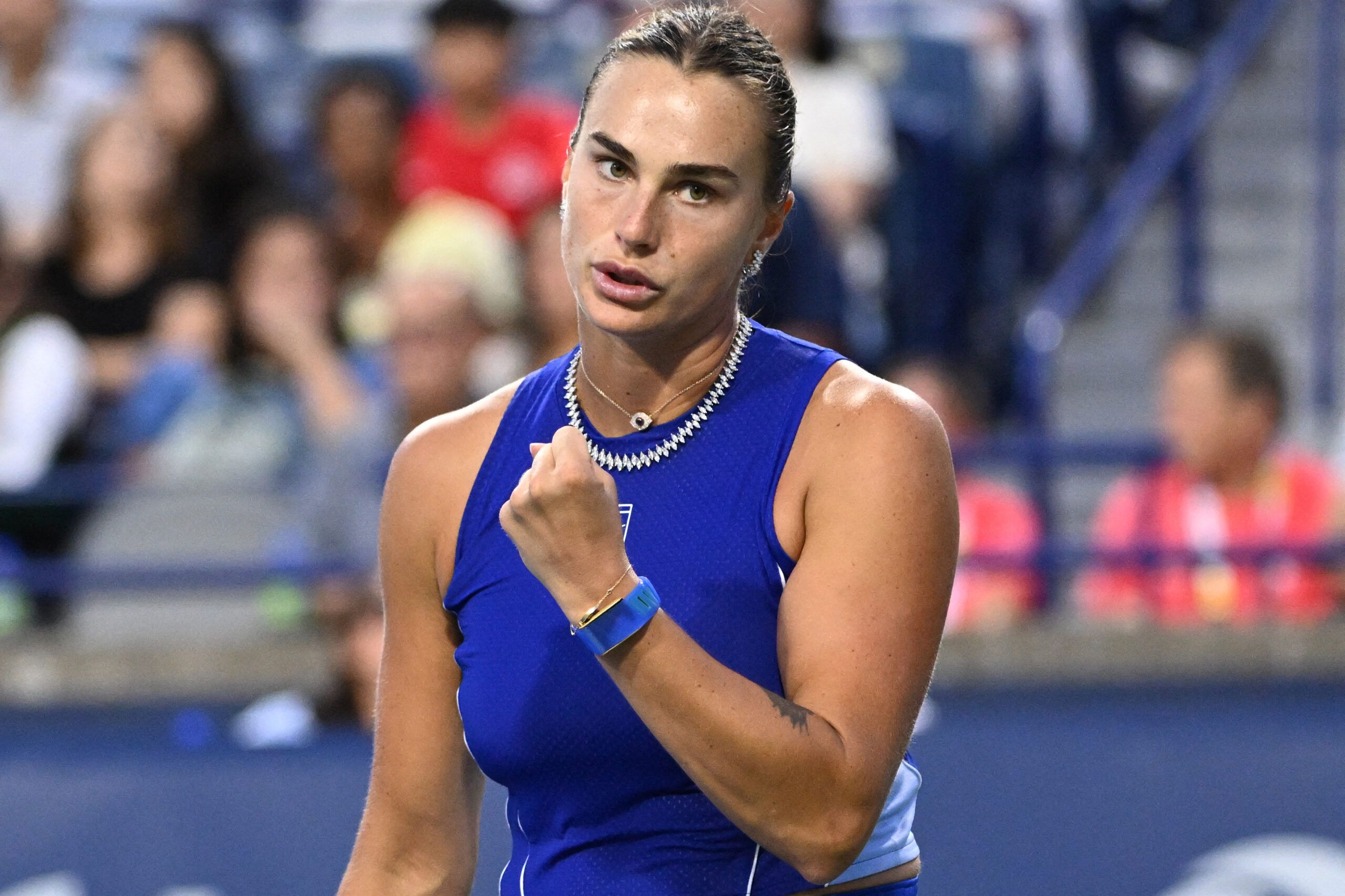 Aug 4, 2026; Toronto, Ontario, Canada; Aryna Sabalenka reacts after winning a point against Moyuka Uchijima (JPN) during second round play at Sobeys Stadium. © Dan Hamilton-Imagn Images
