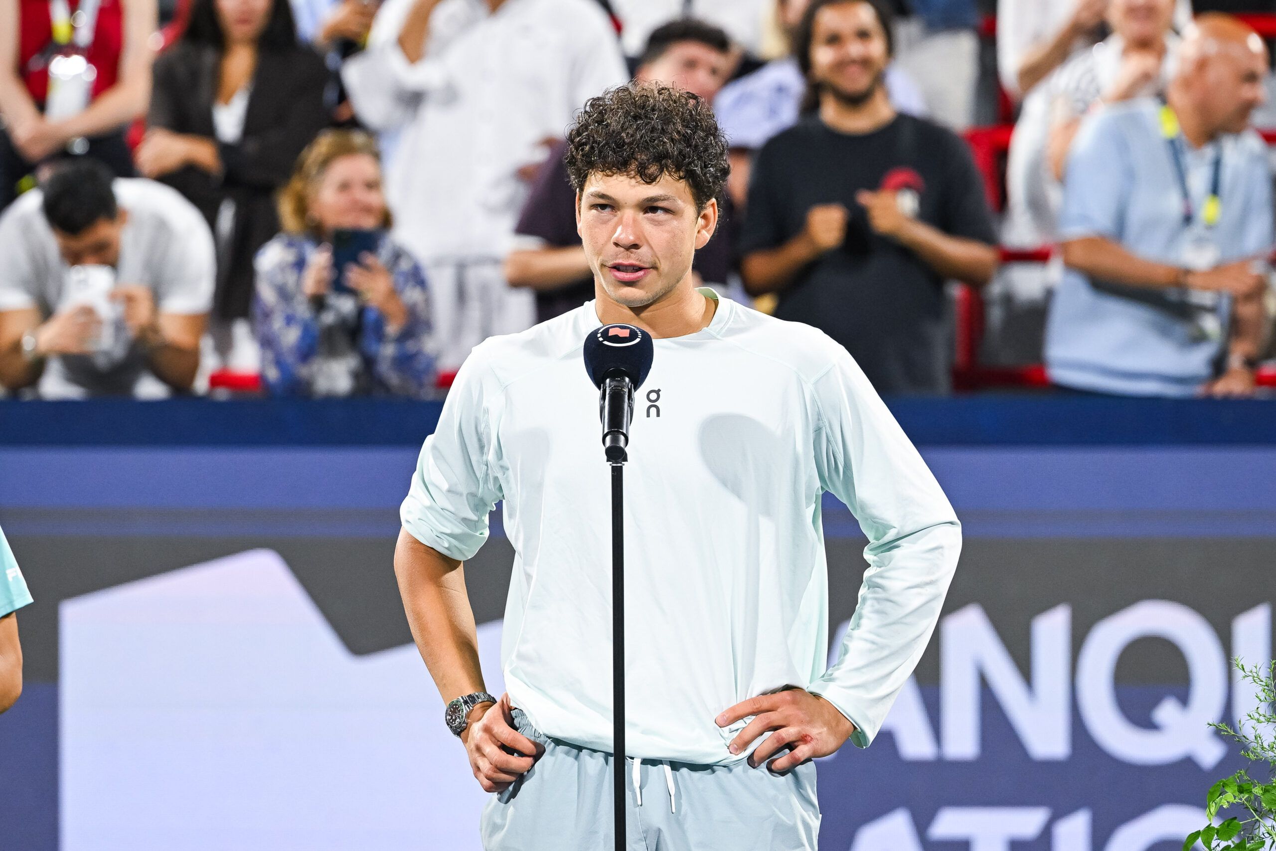 Aug 13, 2026; Montreal, QC, Canada; Ben Shelton (USA) winner of the singles final addresses the crowd at IGA Stadium. © David Kirouac-Imagn Images