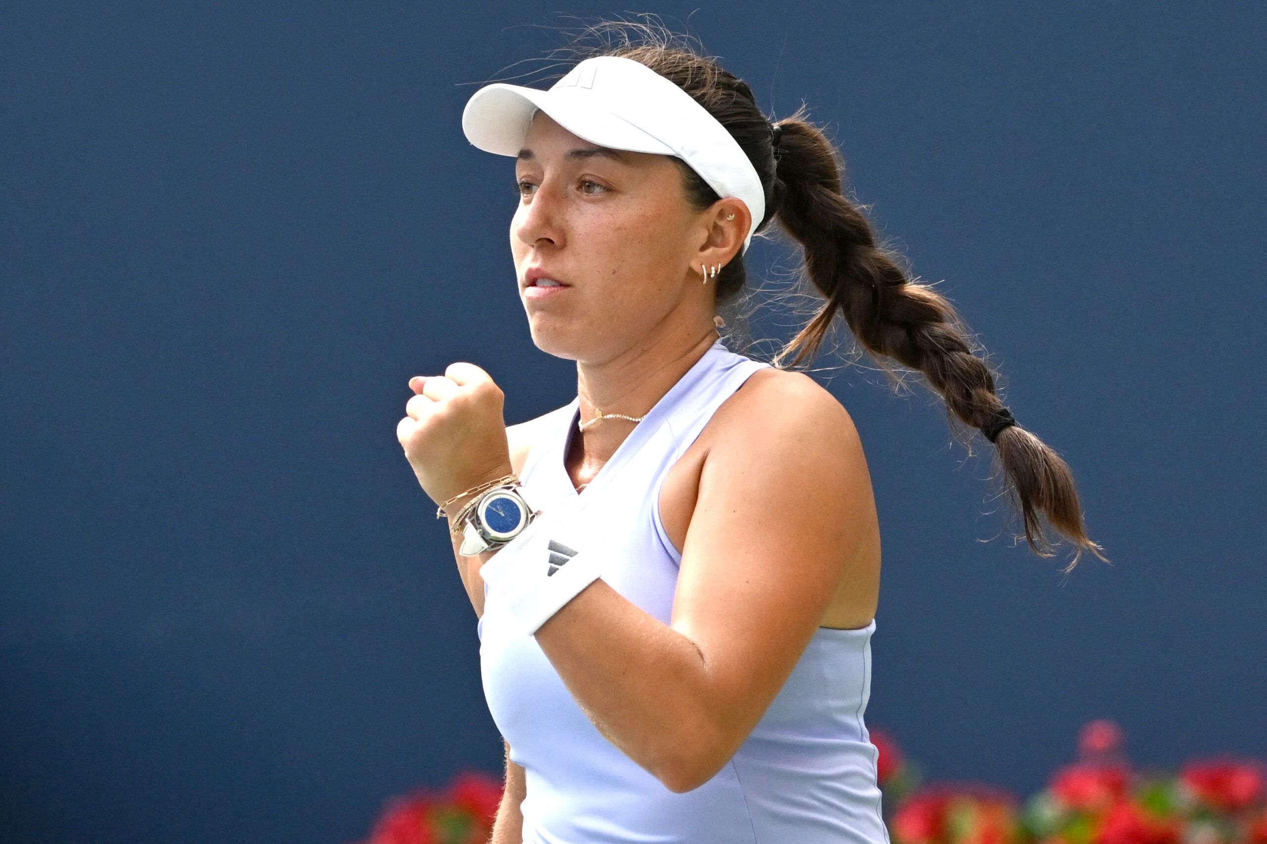 Aug 6, 2026; Toronto, Ontario, Canada; Jessica Pegula (USA) reacts after winning the first set against Kamilla Rakhimova (UZB) during third round play at Sobeys Stadium. © Dan Hamilton-Imagn Images
