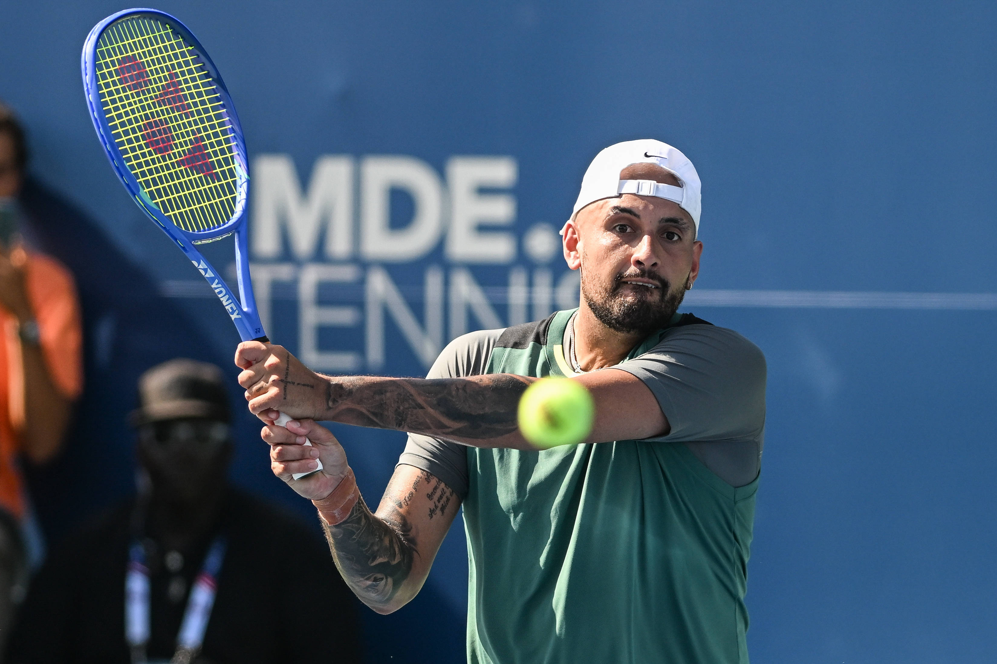 July 21, 2025, Washington, D.C, U.S: NICK KYRGIOS hits a backhand during his doubles match at the Rock Creek Tennis Center. Washington U.S â ZUMAg196 20250721_zap_g196_021 Copyright: xKylexGustafsonx ©IMAGO/ZUMA Press Wire