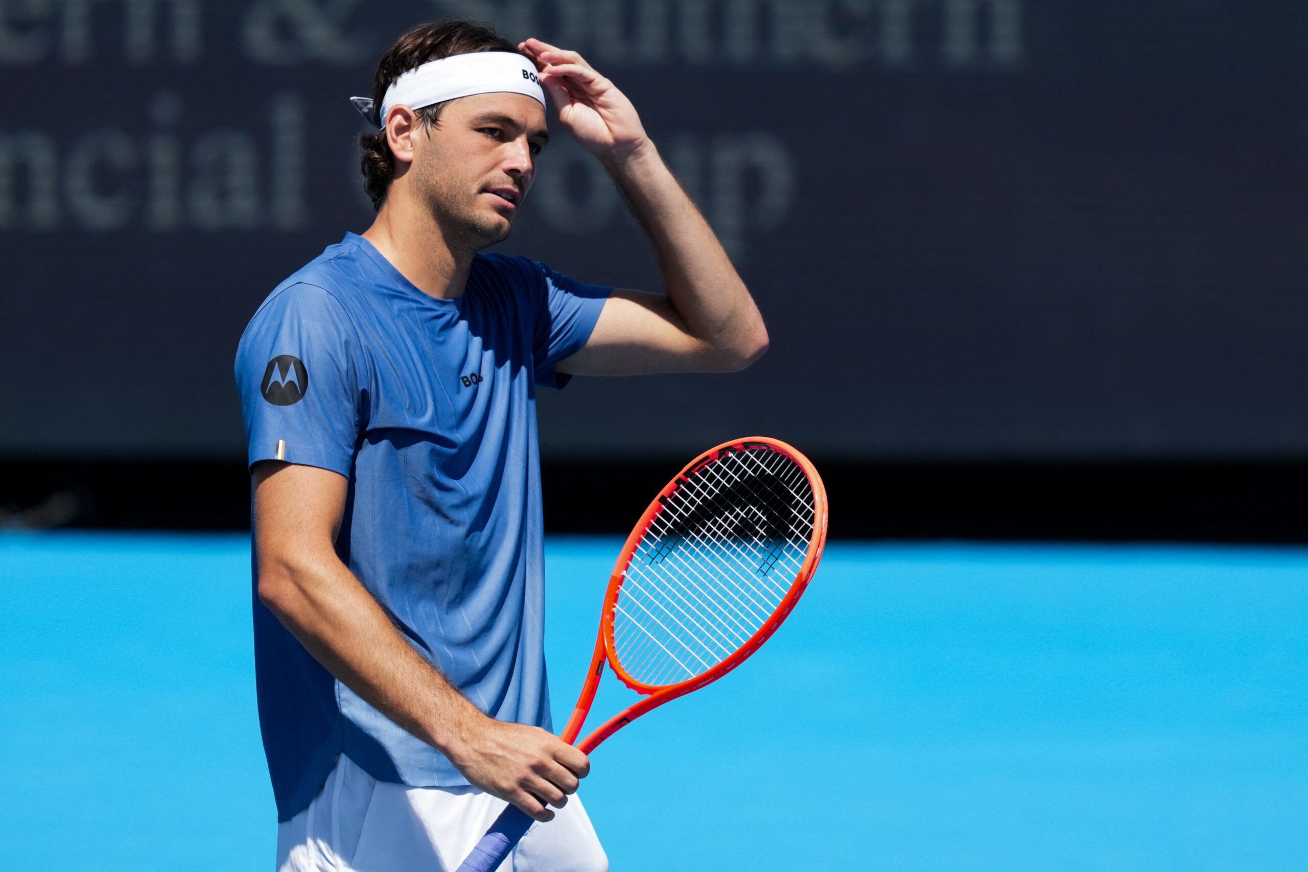 Aug 18, 2026; Mason, OH, USA; Taylor Fritz (USA) reacts after he is not able to return a shot against Daniel Merida (ESP) during the Cincinnati Open at Lindner Family Tennis Center. © Aaron Doster-Imagn Images