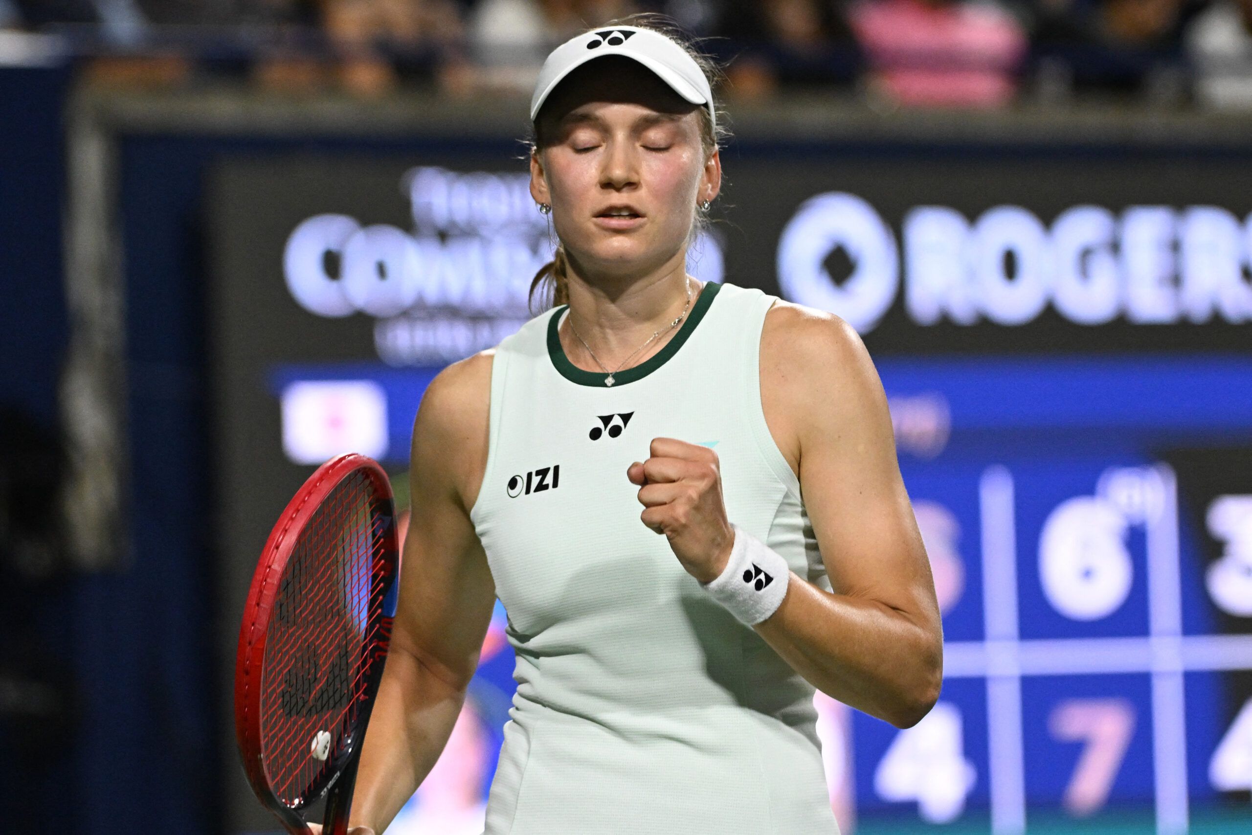 Aug 11, 2026; Toronto, Ontario, Canada; Elena Rybakina (KAZ) reacts after winning a game against Naomi Osaka (JPN) during quarter final play at Sobeys Stadium. © Dan Hamilton-Imagn Images