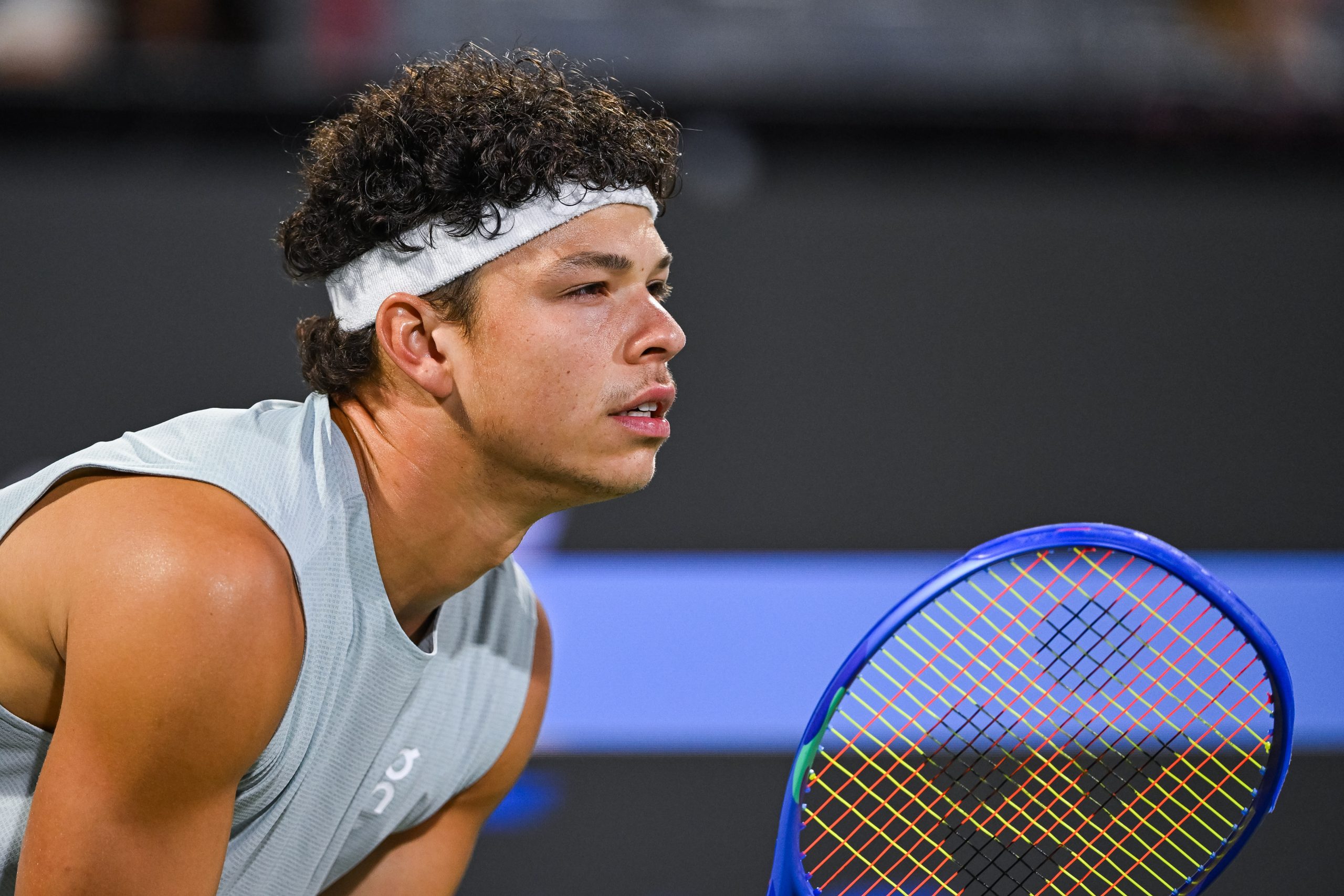 Aug 13, 2026; Montreal, QC, Canada; Ben Shelton (USA) looks on against Brandon Nakashima (USA) during singles final play at IGA Stadium. © David Kirouac-Imagn Images