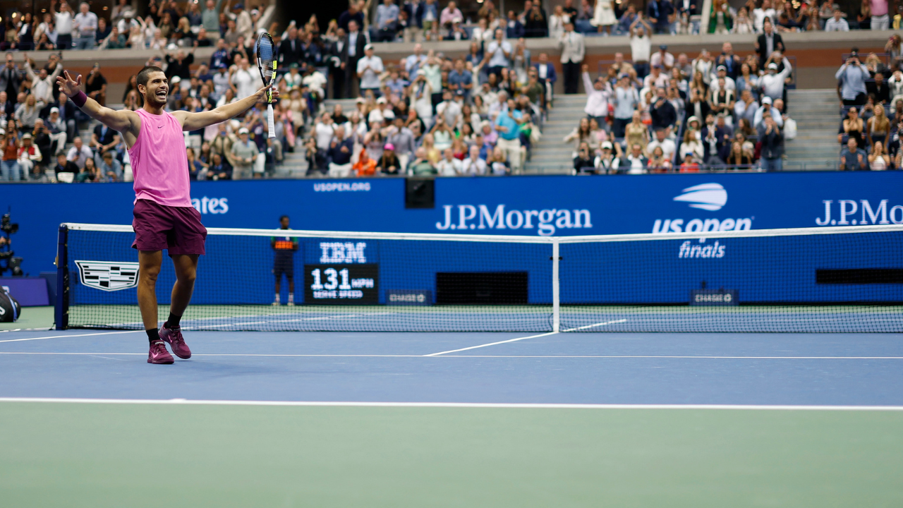 Untitled design â 2026-08-18T100247.858 Sep 7, 2025; Flushing, NY, USA; Carlos Alcaraz (ESP) celebrates after match point against Jannik Sinner (ITA) (not pictured) in the men's singles final of the 2025 US Open tennis championships at USTA Billie Jean King National Tennis Center. Mandatory Credit: Geoff Burke-Imagn Images