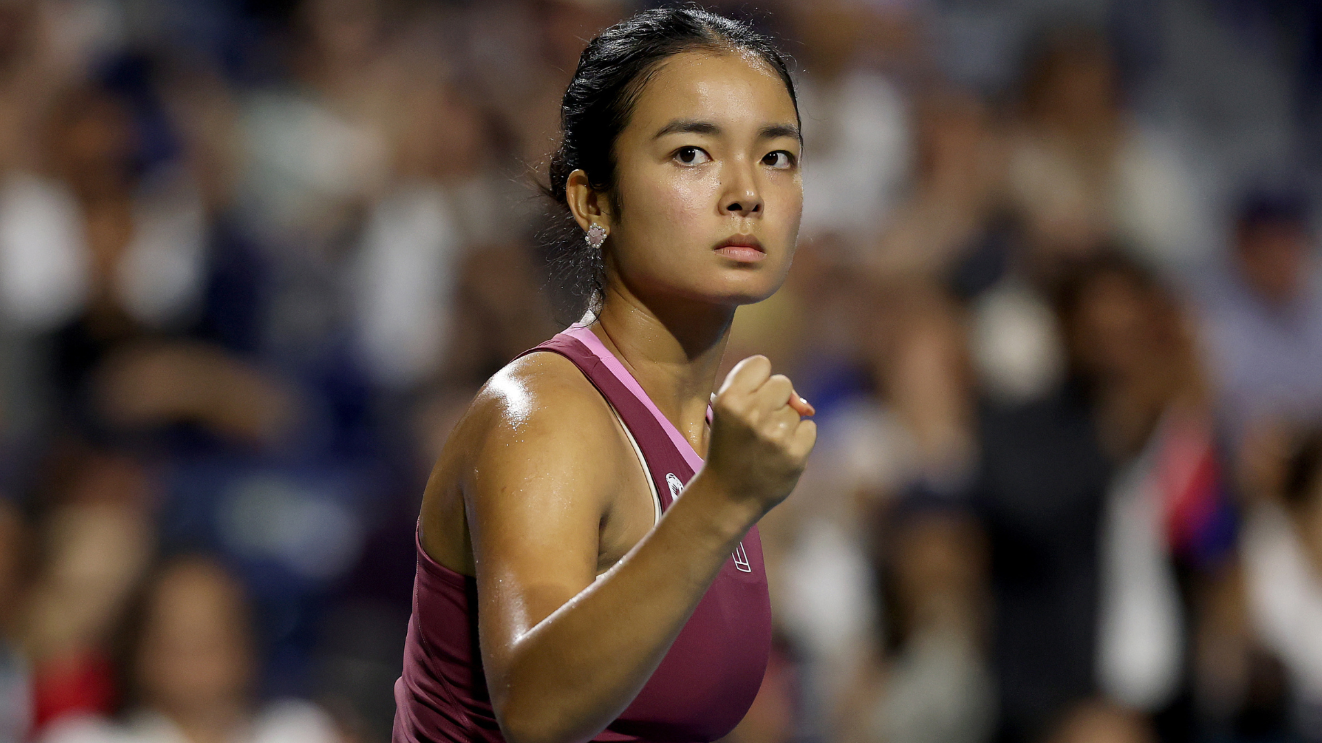 TORONTO, ONTARIO - AUGUST 07: Alexandra Eala of the Philippines celebrates against Caty McNally of the United States during day six of the National Bank Open Presented by Rogers at Sobeys Stadium on August 07, 2026 in Toronto, Ontario. (Photo by Matthew Stockman/Getty Images)