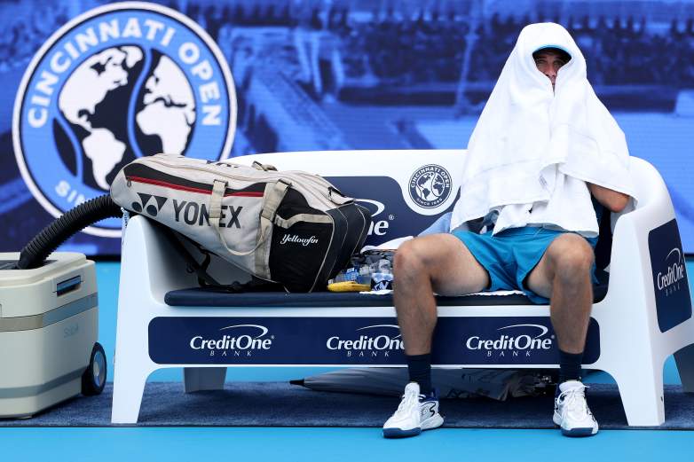Tommy Paul of the United States waits out a rain delay during a match against Alexander Zverev at the 2026 Cincinnati Open.