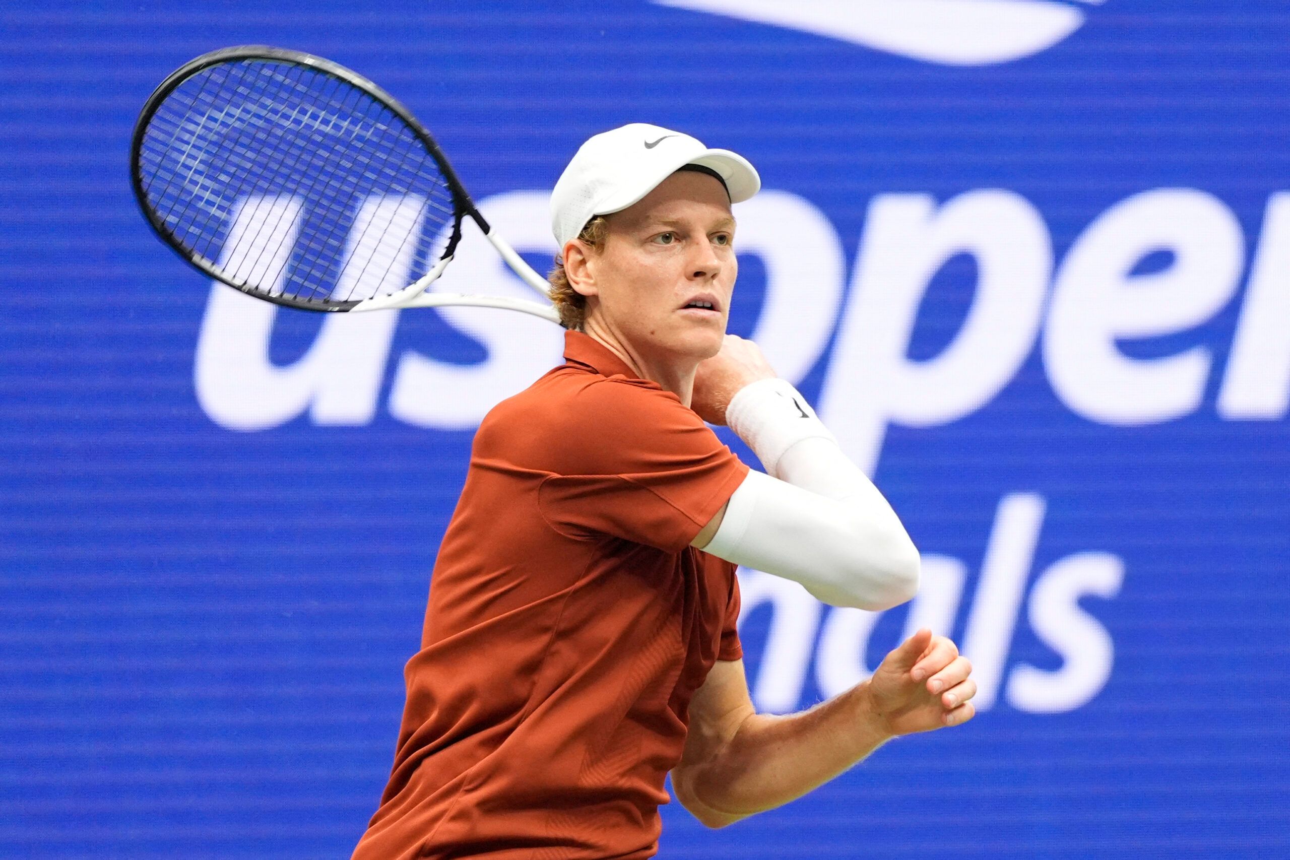 Sep 7, 2025; Flushing, NY, USA; Jannik Sinner (ITA) in action against Carlos Alcaraz (ESP) (not pictured) during the final of mens singles at Billie Jean King National Tennis Center. © Geoff Burke-Imagn Images