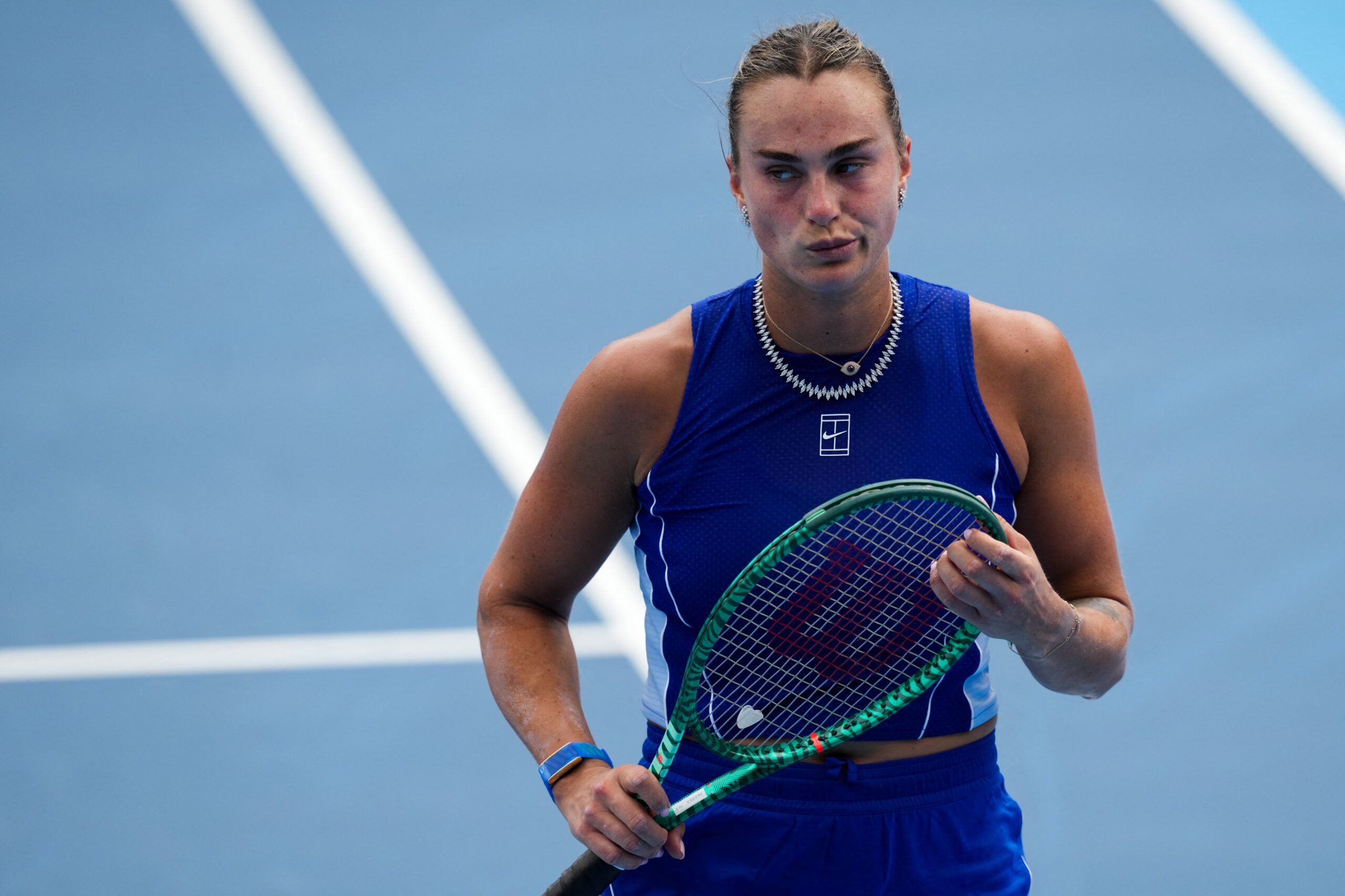 Aug 16, 2026; Mason, OH, USA; Aryna Sabalenka reacts after returning a shot against Talia Gibson (AUS) during the Cincinnati Open at Lindner Family Tennis Center. © Aaron Doster-Imagn Images