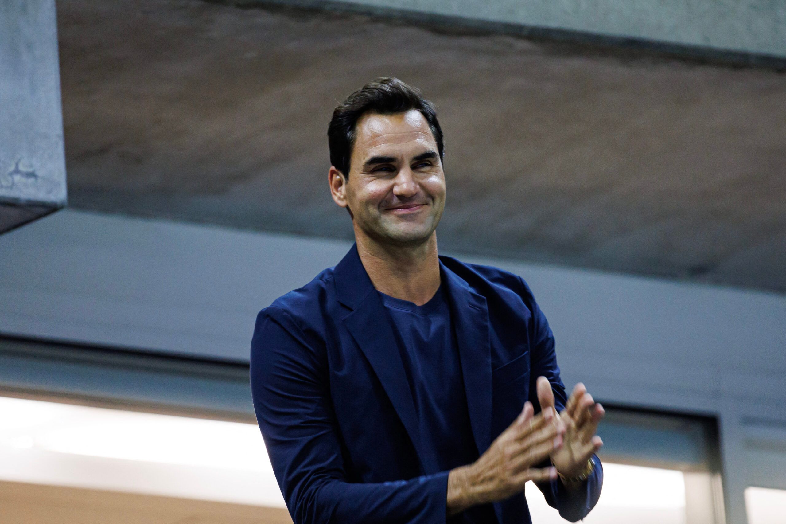 Sep 3, 2024; Flushing, NY, USA; Roger Federer watches Aryna Sabalenka of Russia playing Qinwen Zheng of China on day nine of the U.S. Open tennis tournament at the USTA Billie Jean King National Tennis Center. © Mike Frey-Imagn Images