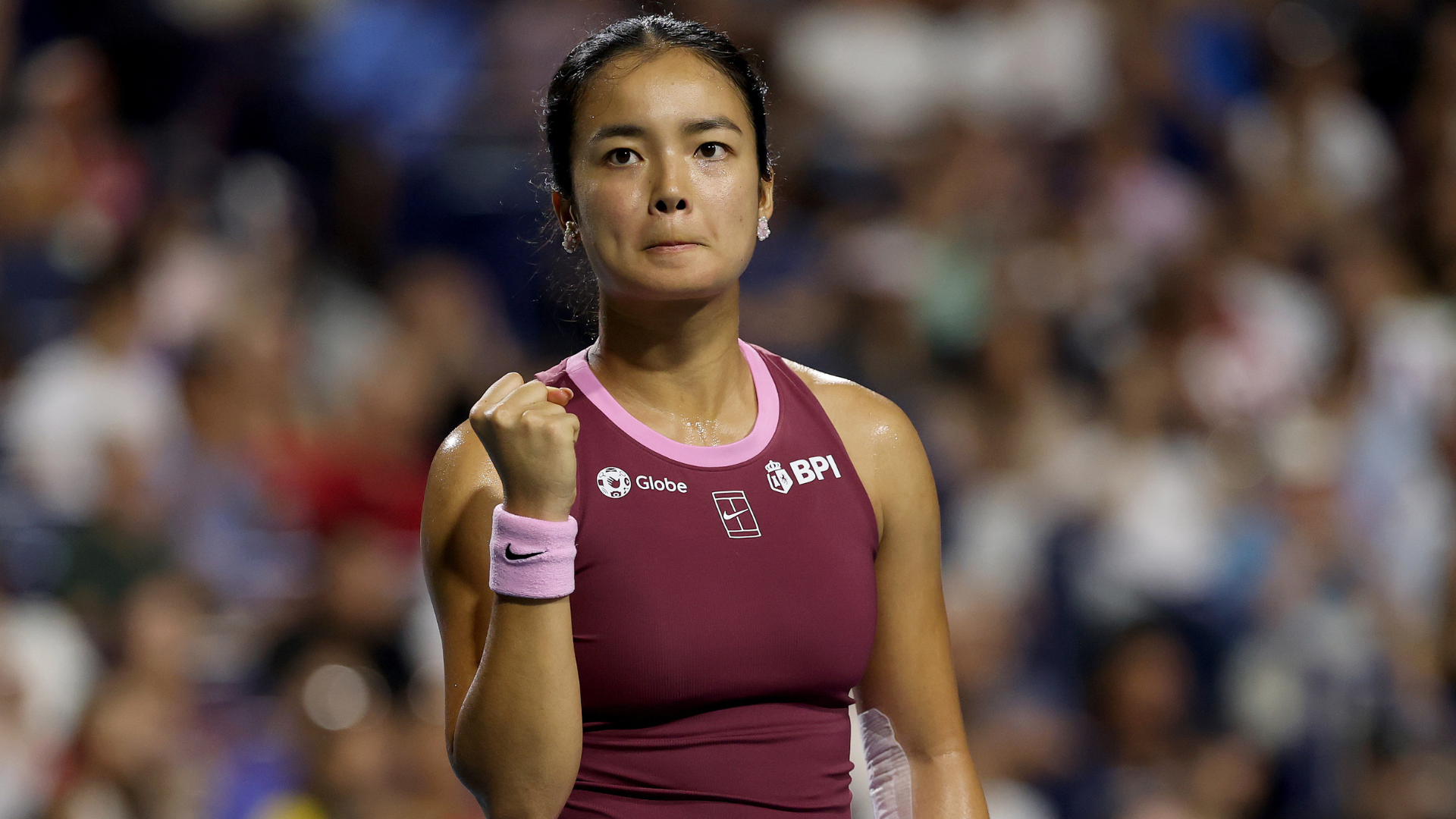 TORONTO, ONTARIO - AUGUST 07: Alexandra Eala of the Philippines celebrates against Caty McNally of the United States during day six of the National Bank Open Presented by Rogers at Sobeys Stadium on August 07, 2026 in Toronto, Ontario. (Photo by Matthew Stockman/Getty Images)