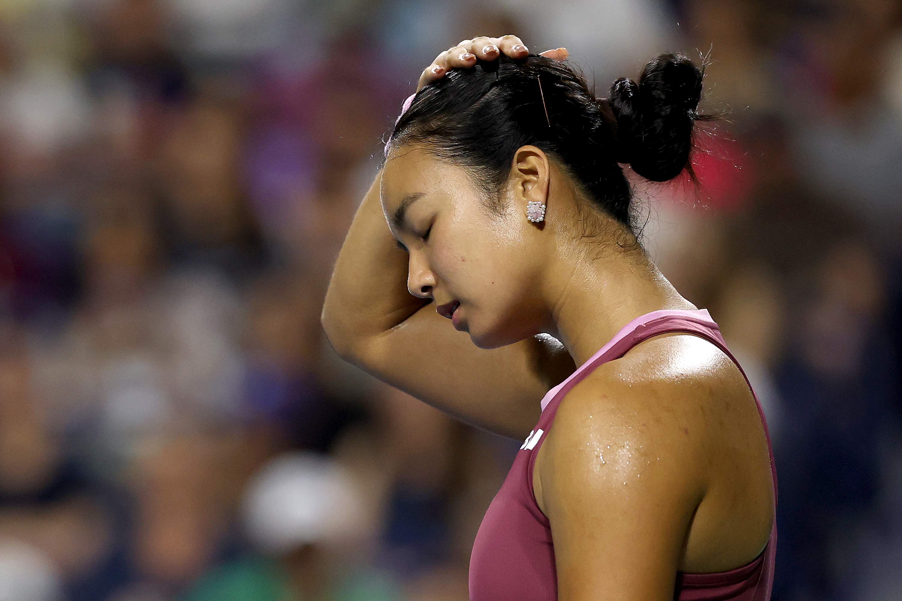 TORONTO, ONTARIO - AUGUST 09: Alexandra Eala of the Philippines plays Belinda Bencic of Switzerland during day eight of the National Bank Open Presented by Rogers at Sobeys Stadium on August 09, 2026 in Toronto, Ontario. (Photo by Matthew Stockman/Getty Images)