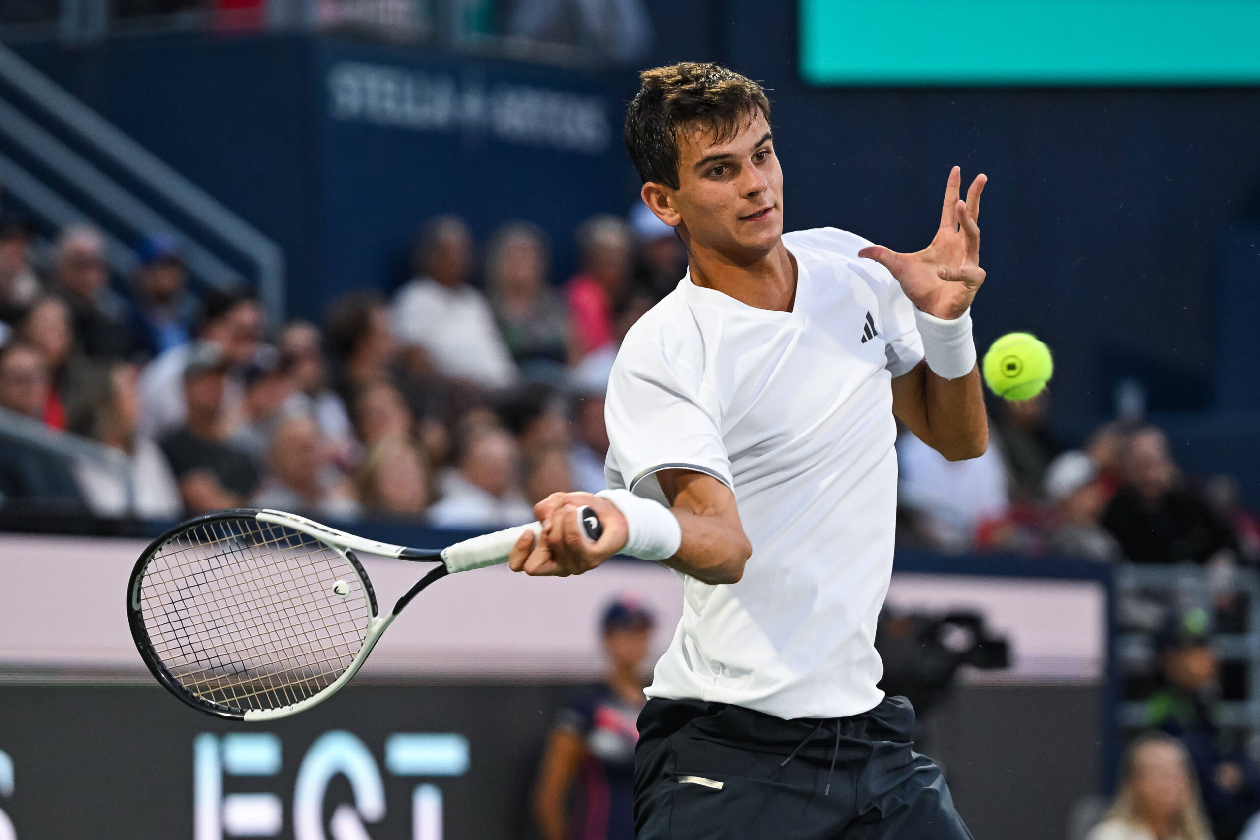 MONTREAL, QC – AUGUST 12: Rafael Jodar ESP returns the ball during a semifinal match at National Bank Open on August 12, 2026 at IGA Stadium in Montreal, QC Photo by David Kirouac/Icon Sportswire TENNIS: AUG 12 National Bank Open EDITORIAL USE ONLY Icon26081204526 ©IMAGO/Icon Sportswire