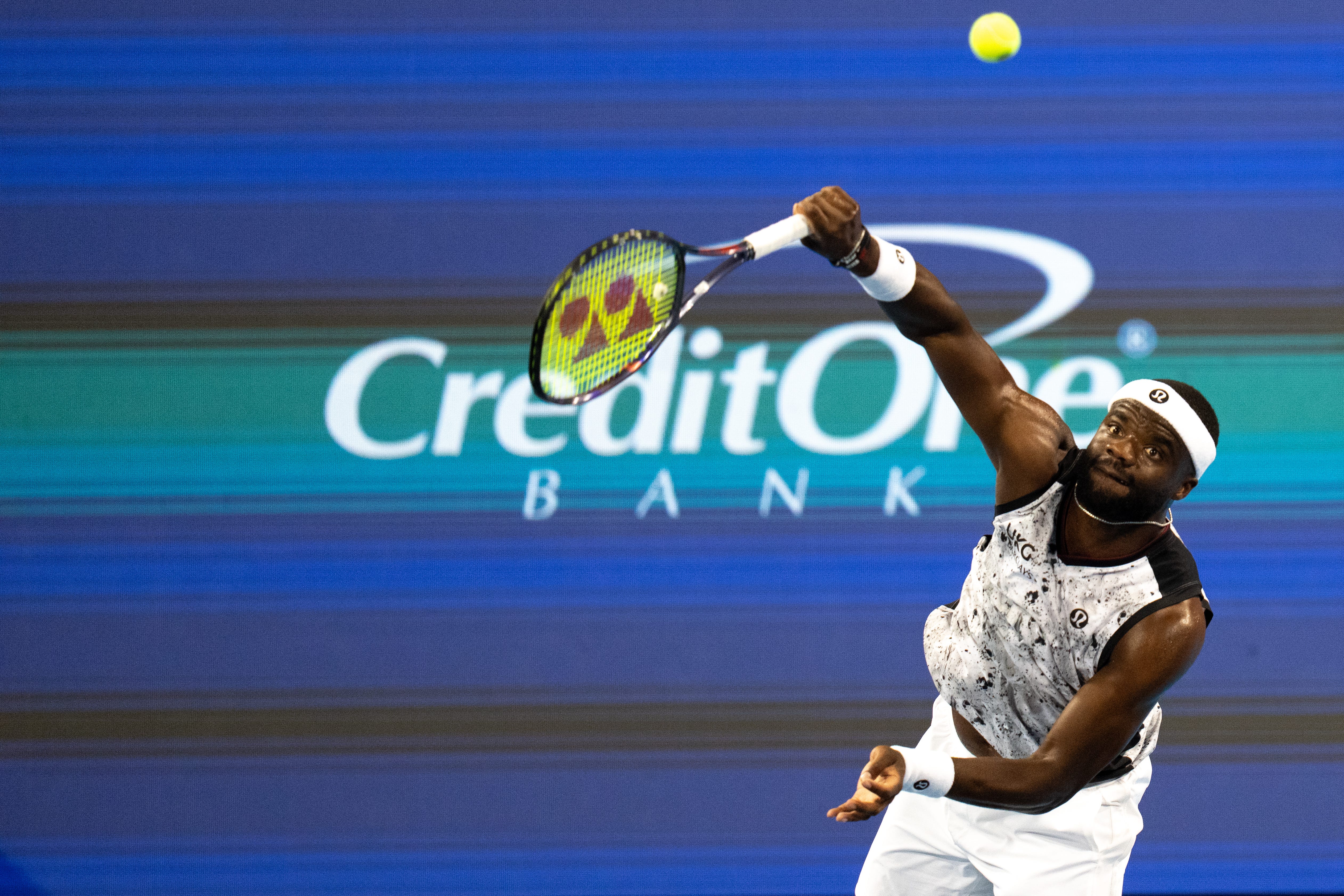 Frances Tiafoe, of United States, serves to Felix Auger-Aliassime, of Canada, at the Cincinnati Open at the Lindner Family Tennis Center in Mason, Ohio, on Wednesday, August 19, 2026.